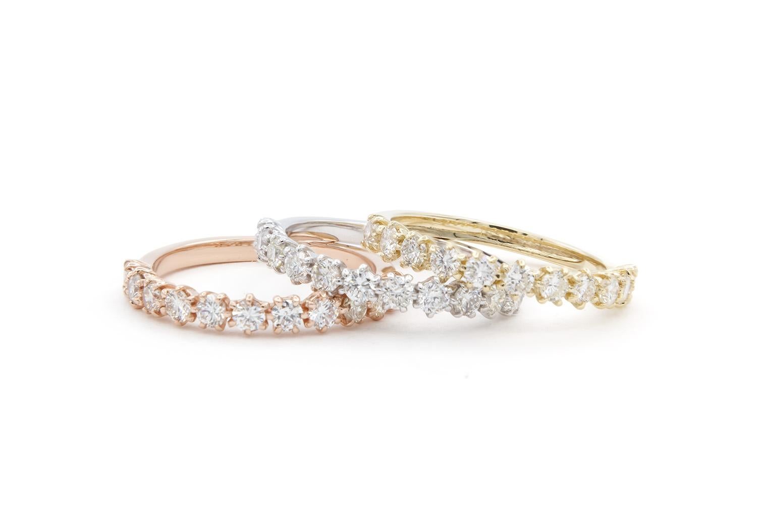Contemporary 14k White Yellow & Rose Gold Diamond Stacking Fashion Rings 1.55ctw G-H/VS-SI For Sale