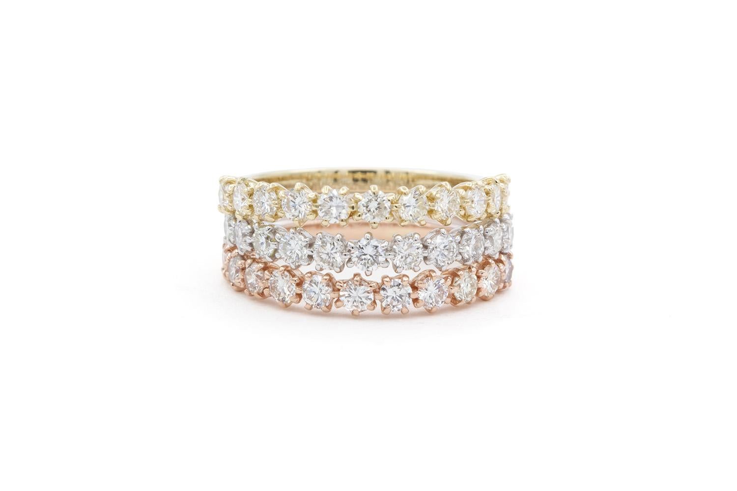 Round Cut 14k White Yellow & Rose Gold Diamond Stacking Fashion Rings 1.55ctw G-H/VS-SI For Sale