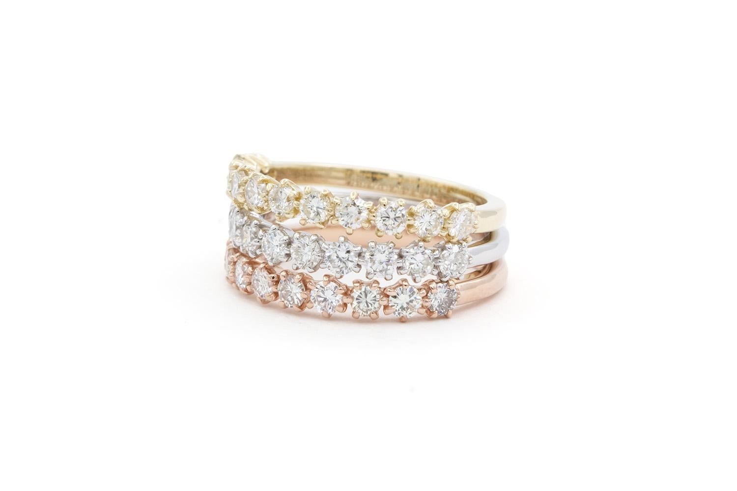 14k White Yellow & Rose Gold Diamond Stacking Fashion Rings 1.55ctw G-H/VS-SI In New Condition For Sale In Tustin, CA