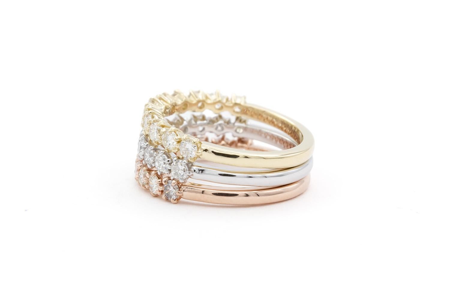Women's 14k White Yellow & Rose Gold Diamond Stacking Fashion Rings 1.55ctw G-H/VS-SI For Sale