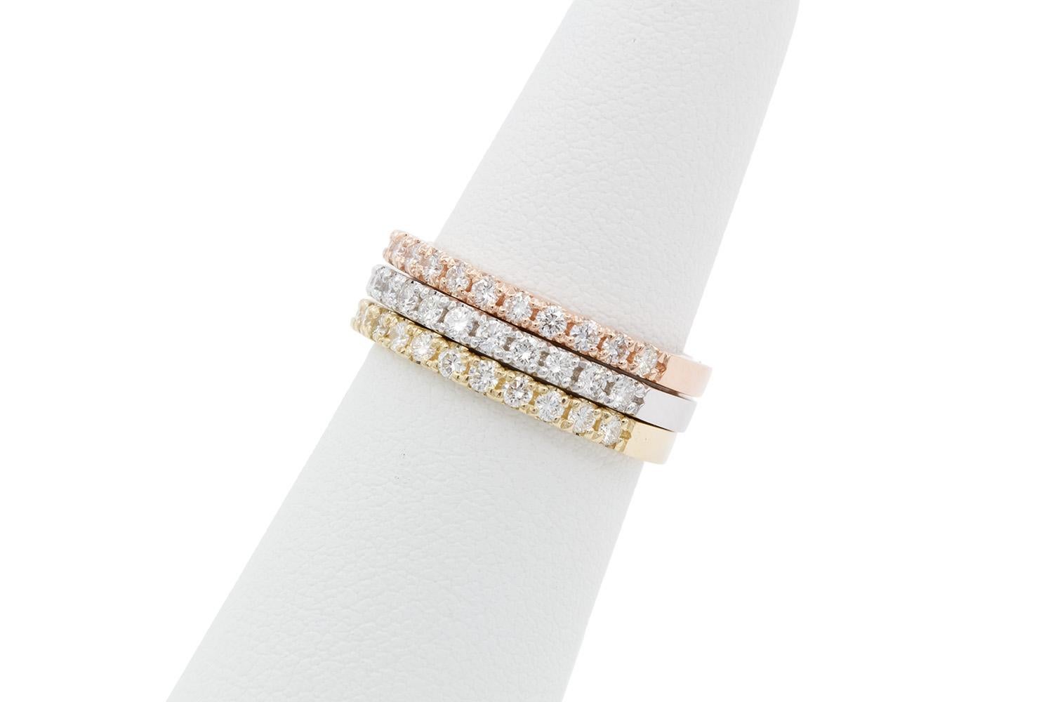 14k White Yellow & Rose Gold U Pave Diamond Stacking Fashion Rings 0.80ctw For Sale 4