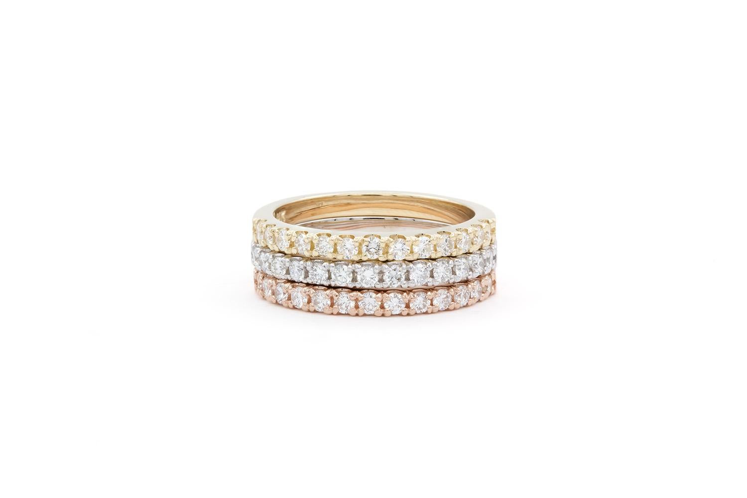 Contemporary 14k White Yellow & Rose Gold U Pave Diamond Stacking Fashion Rings 0.80ctw For Sale