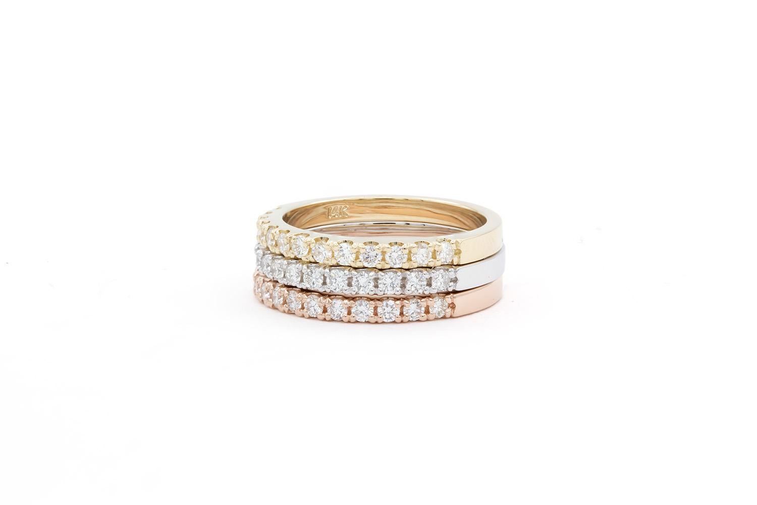 Round Cut 14k White Yellow & Rose Gold U Pave Diamond Stacking Fashion Rings 0.80ctw For Sale