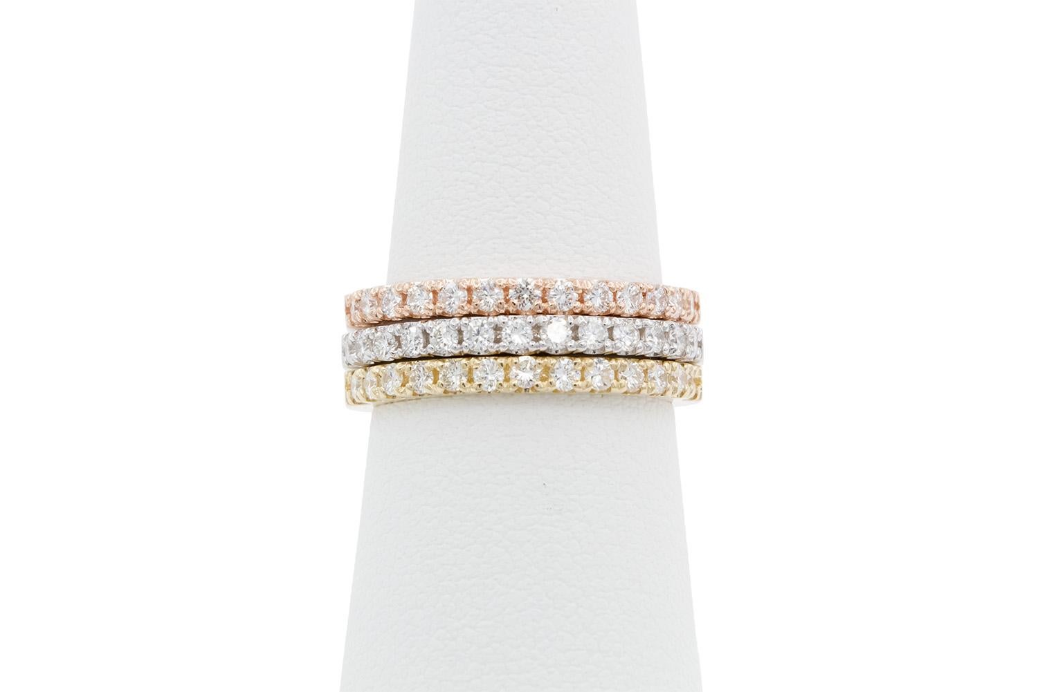 14k White Yellow & Rose Gold U Pave Diamond Stacking Fashion Rings 0.80ctw For Sale 3