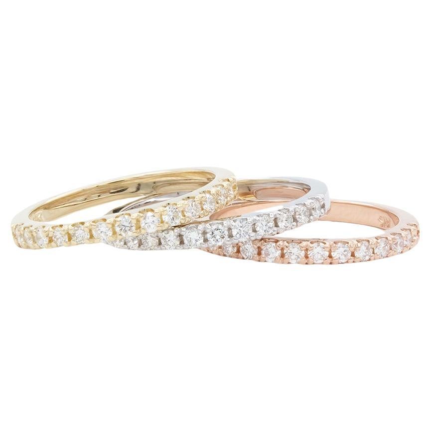 14k White Yellow & Rose Gold U Pave Diamond Stacking Fashion Rings 0.80ctw For Sale