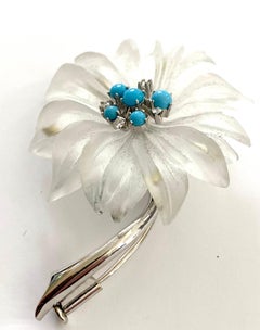 14 Karat White Gold Flower Brooch, Rock Christal, Diamond, Turkois Vienna, 1960
