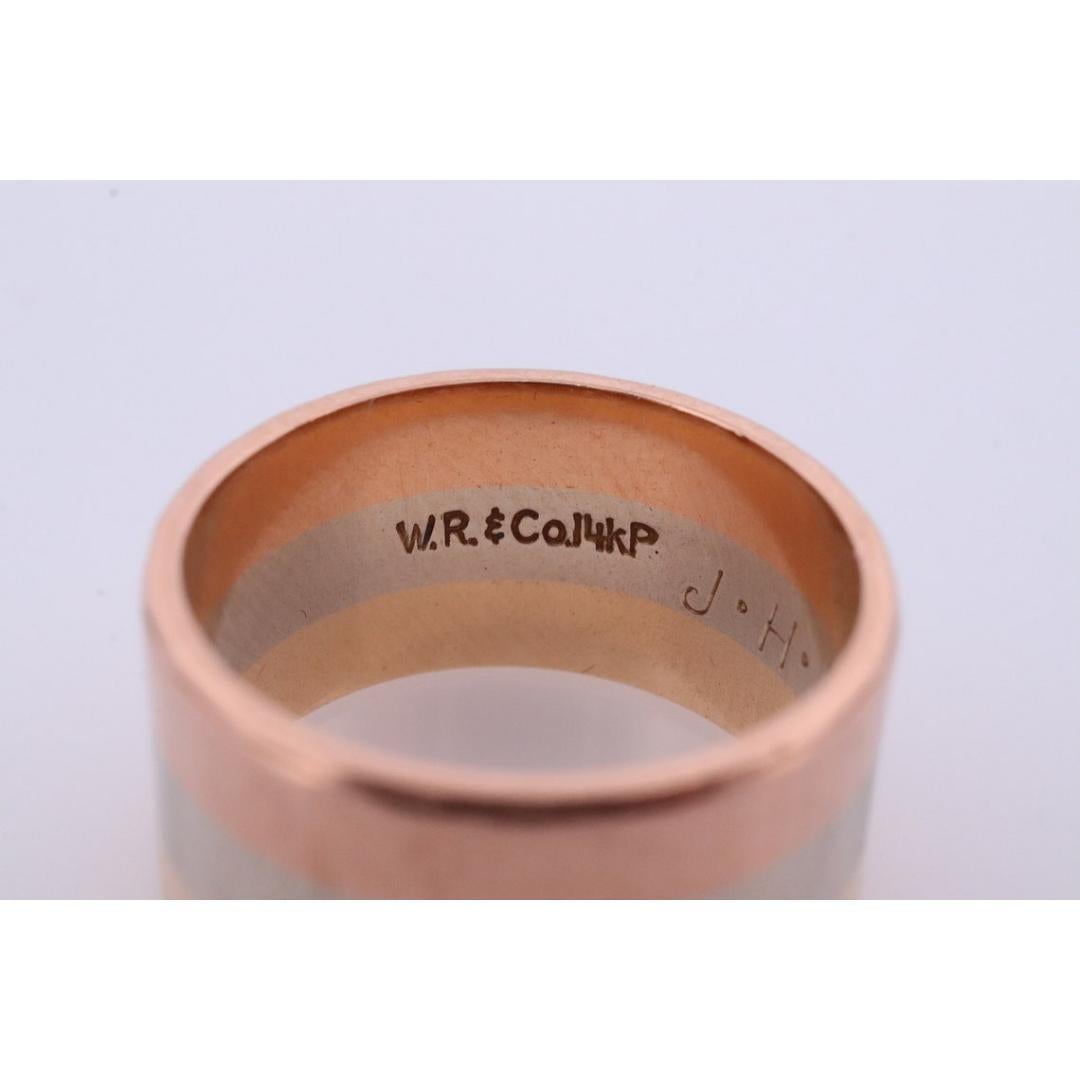 14k Wide Cigar band. W.R.&Co Vintage Tricolor Gold Ring. White Yellow Rose Gold In Good Condition In Port Charlotte, FL