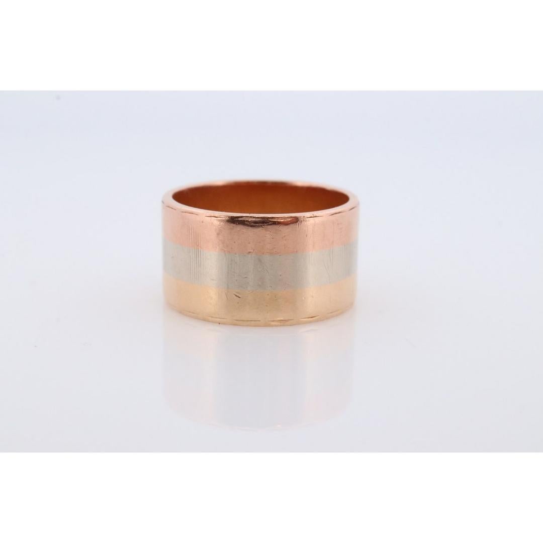 Women's or Men's 14k Wide Cigar band. W.R.&Co Vintage Tricolor Gold Ring. White Yellow Rose Gold