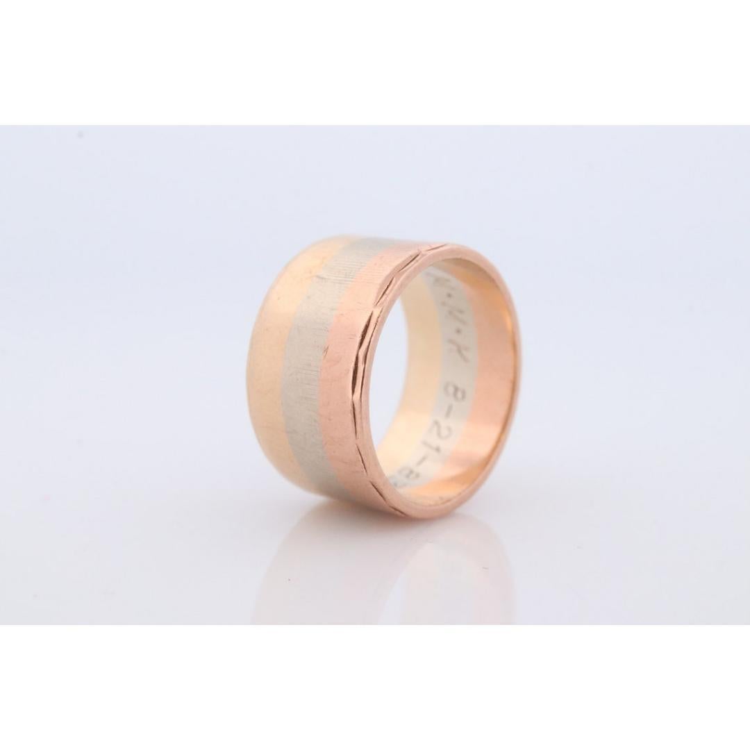 14k Wide Cigar band. W.R.&Co Vintage Tricolor Gold Ring. White Yellow Rose Gold 1