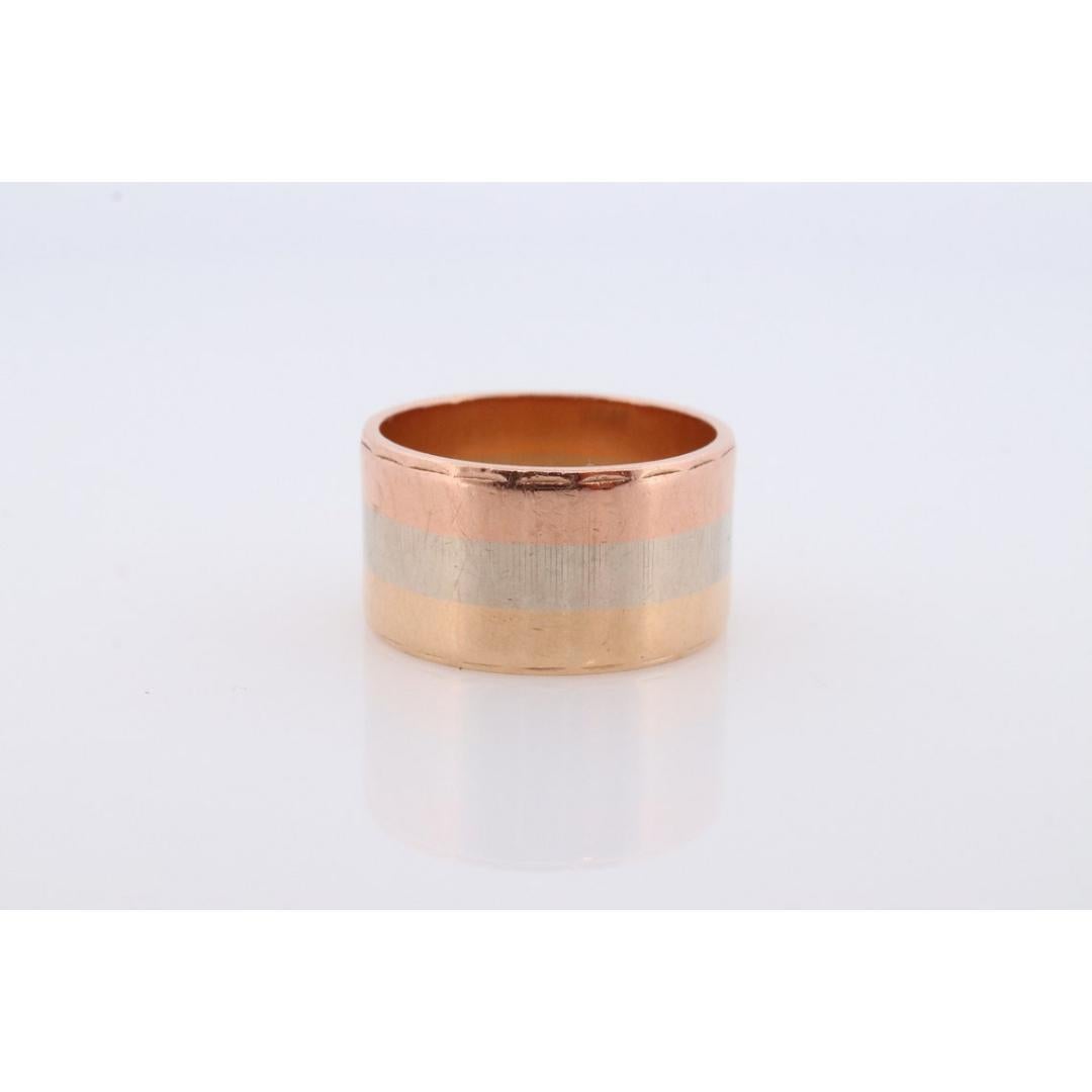 14k Wide Cigar band. W.R.&Co Vintage Tricolor Gold Ring. White Yellow Rose Gold 2