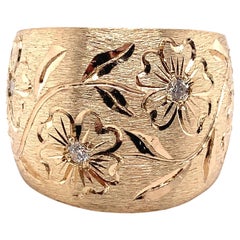14K Wide Heavy Diamond Band Ring Engraved Flowers