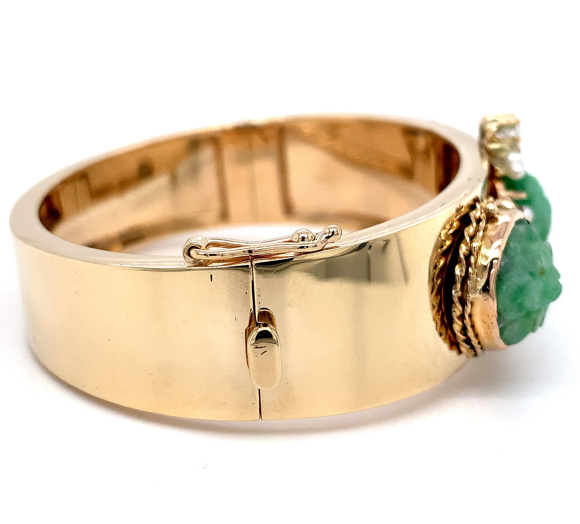 Round Cut 14K Wide Heavy Gold Bangle Bracelet with Jade