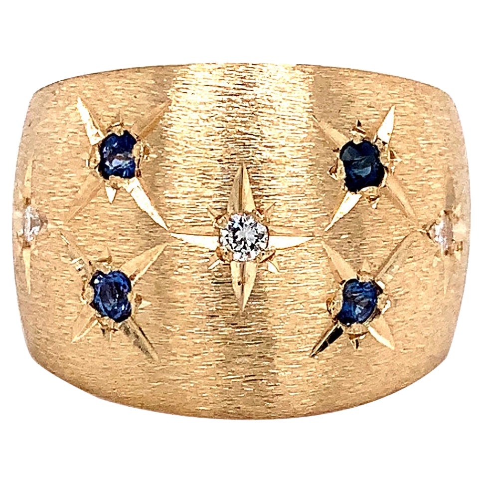 Anello a fascia larga e pesante con zaffiro e diamante 14K