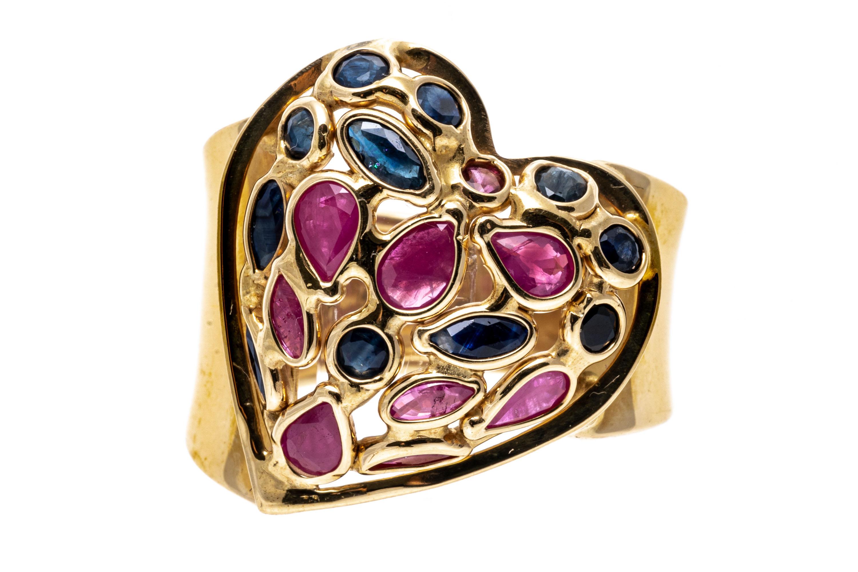 Contemporary 14k Wide Stained Glass Heart Motif Ring Set with Rubies and Sapphires For Sale