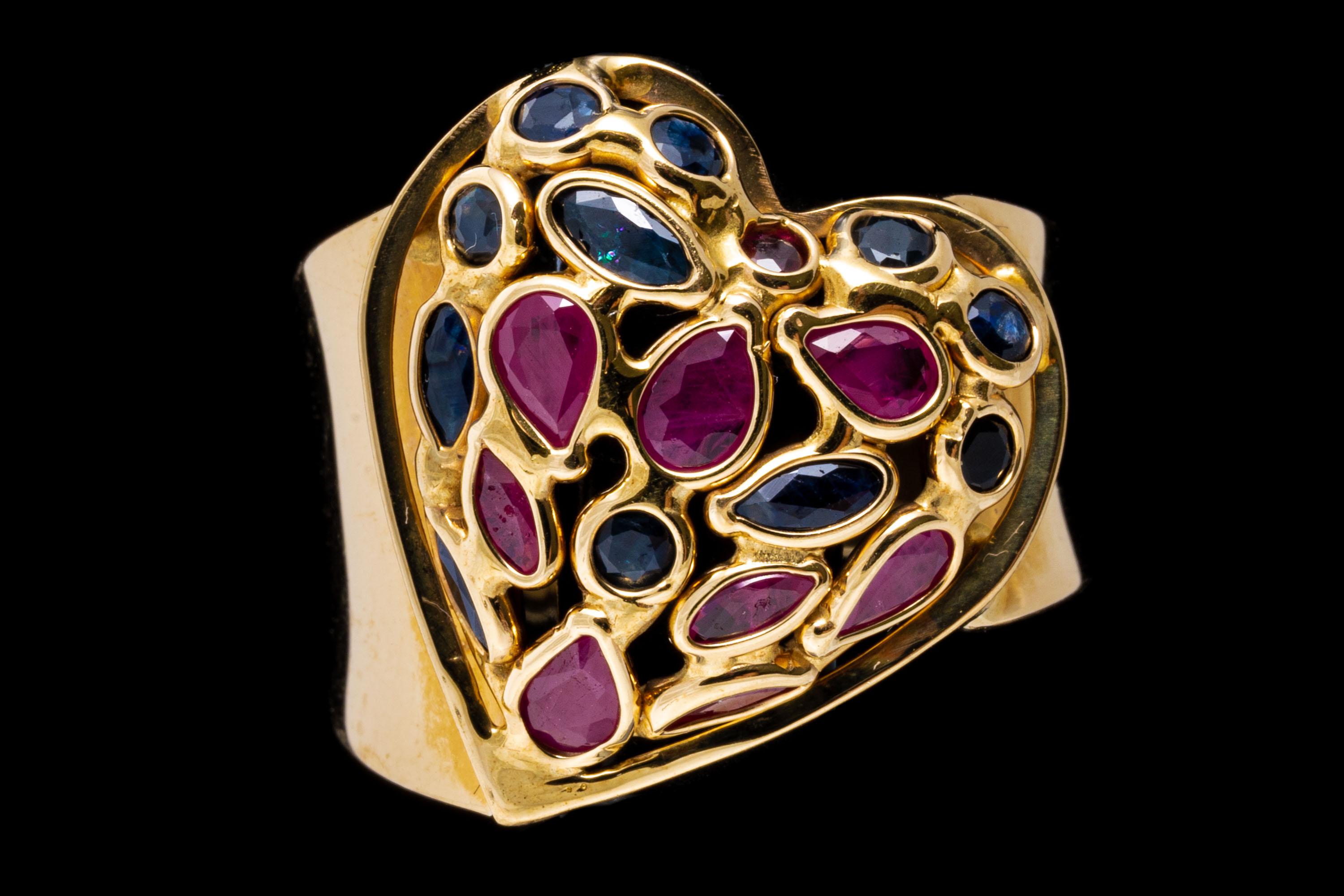 Marquise Cut 14k Wide Stained Glass Heart Motif Ring Set with Rubies and Sapphires For Sale