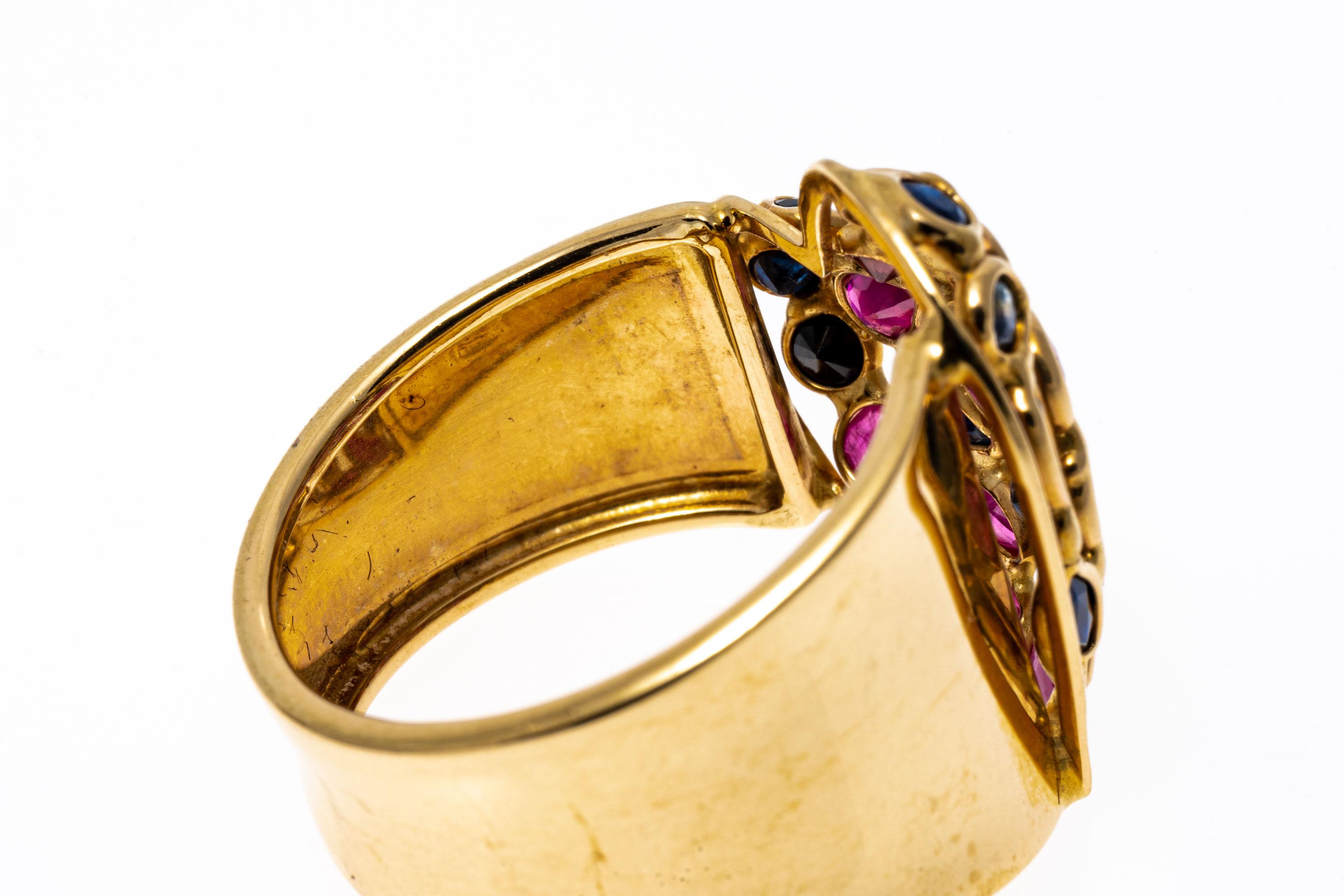 14k Wide Stained Glass Heart Motif Ring Set with Rubies and Sapphires In Good Condition For Sale In Southport, CT