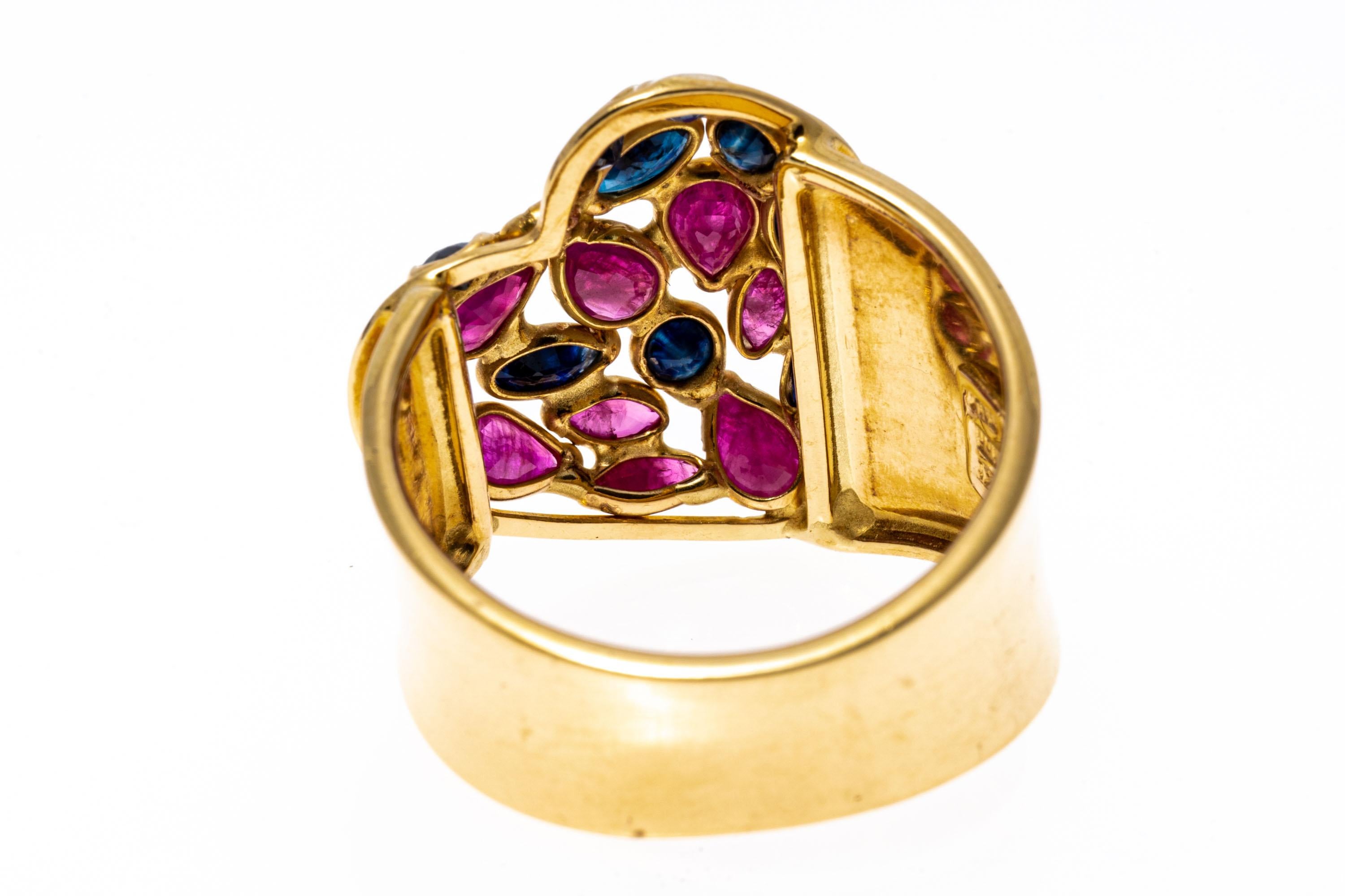 Women's 14k Wide Stained Glass Heart Motif Ring Set with Rubies and Sapphires For Sale