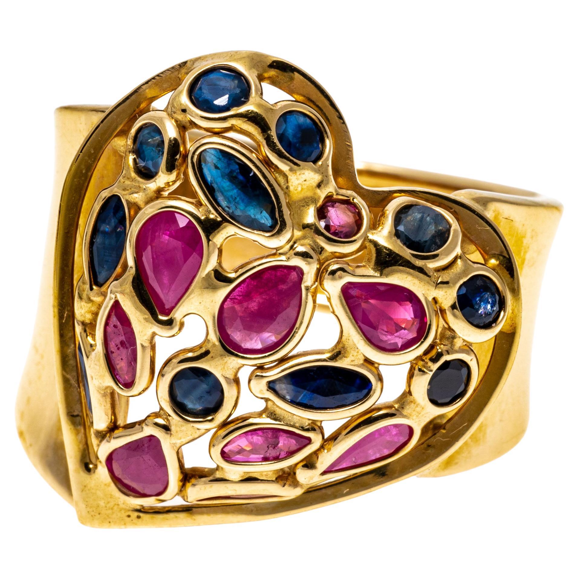 14k Wide Stained Glass Heart Motif Ring Set with Rubies and Sapphires For Sale