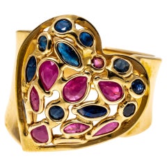 14k Wide Stained Glass Heart Motif Ring Set with Rubies and Sapphires