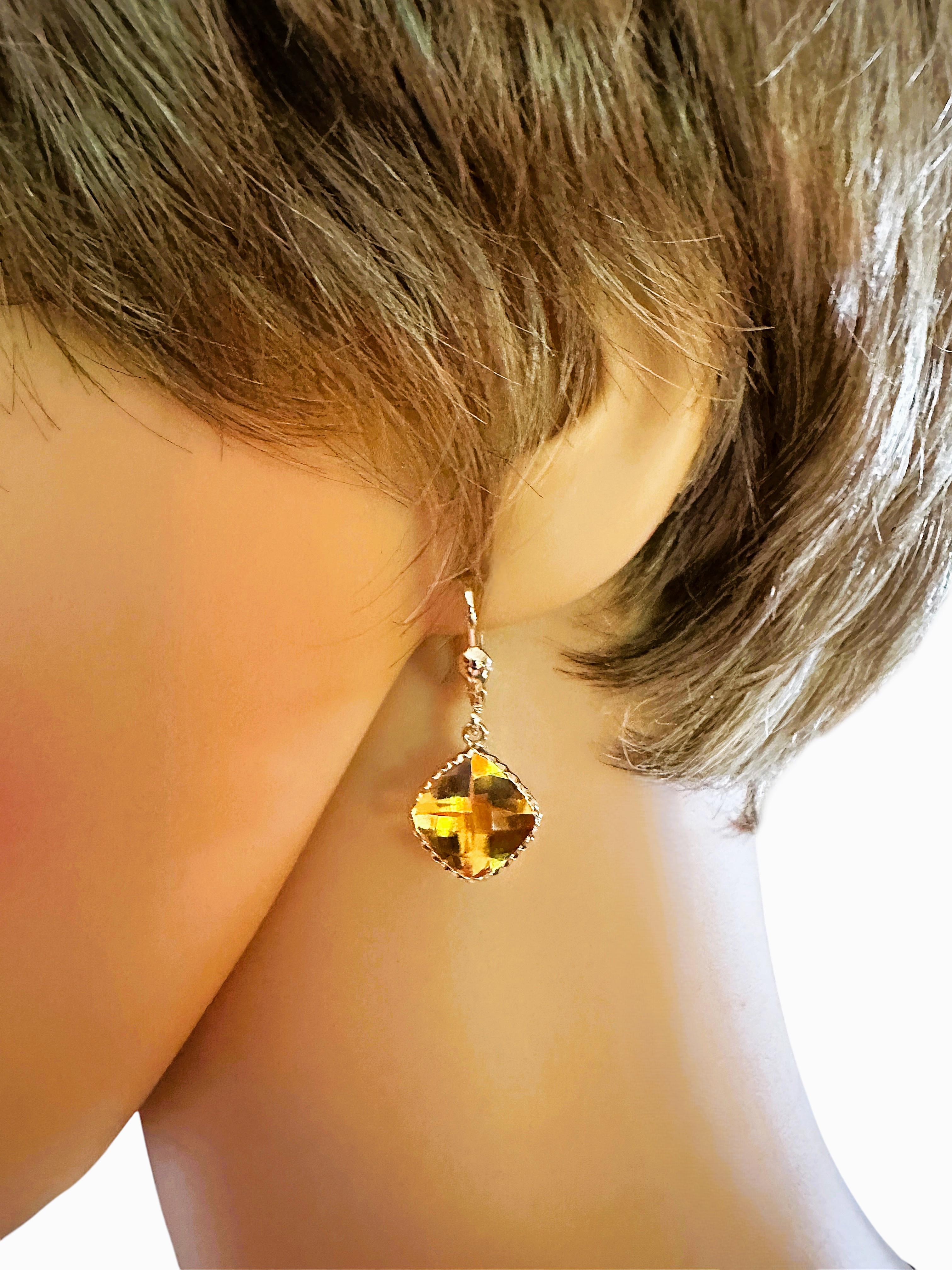14k Y Gold 10.5 Carat CheckerBoard Citrine Dangle Diamond Cut Border Earrings 5