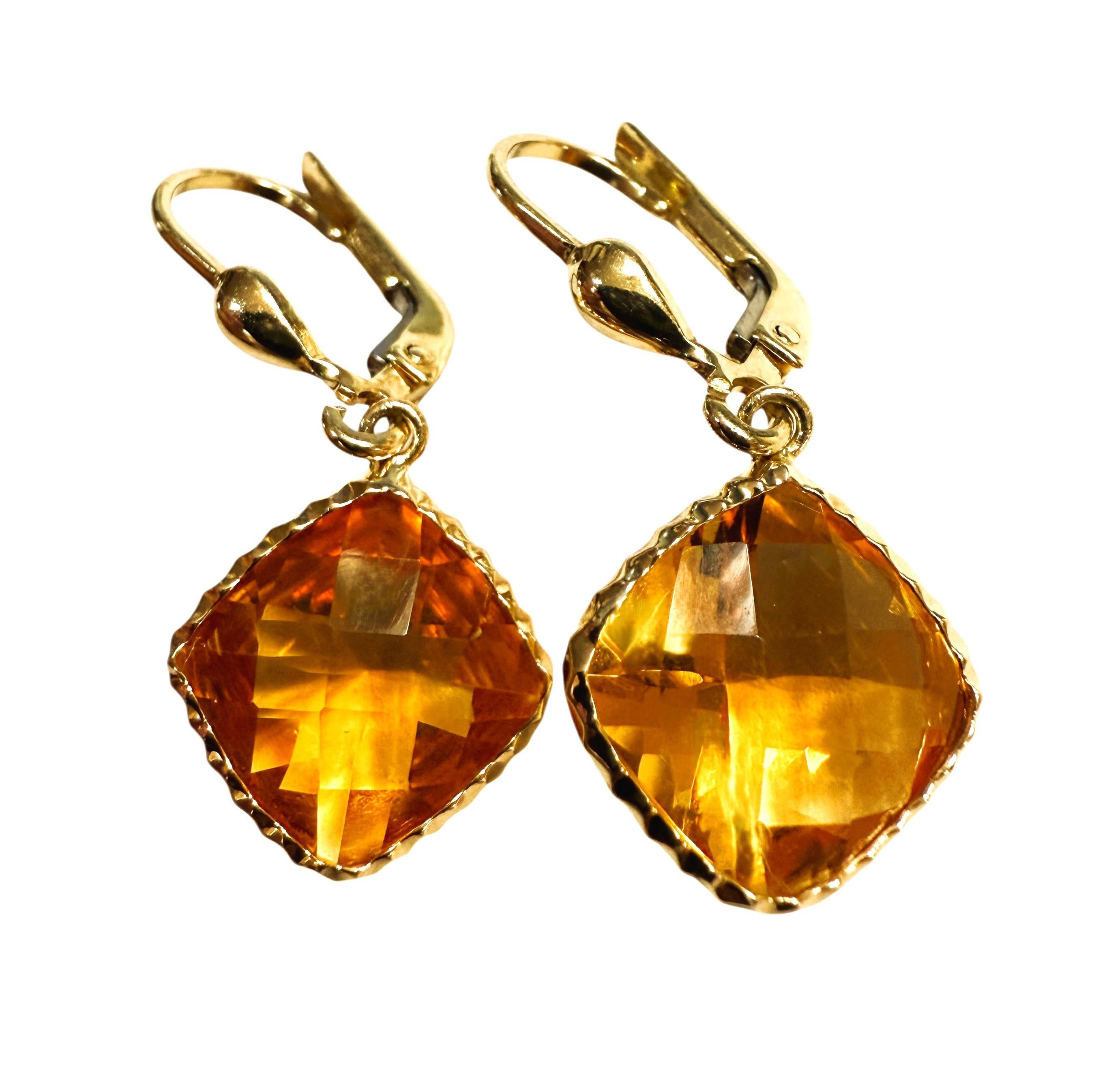 Art Deco 14k Y Gold 10.5 Carat CheckerBoard Citrine Dangle Diamond Cut Border Earrings