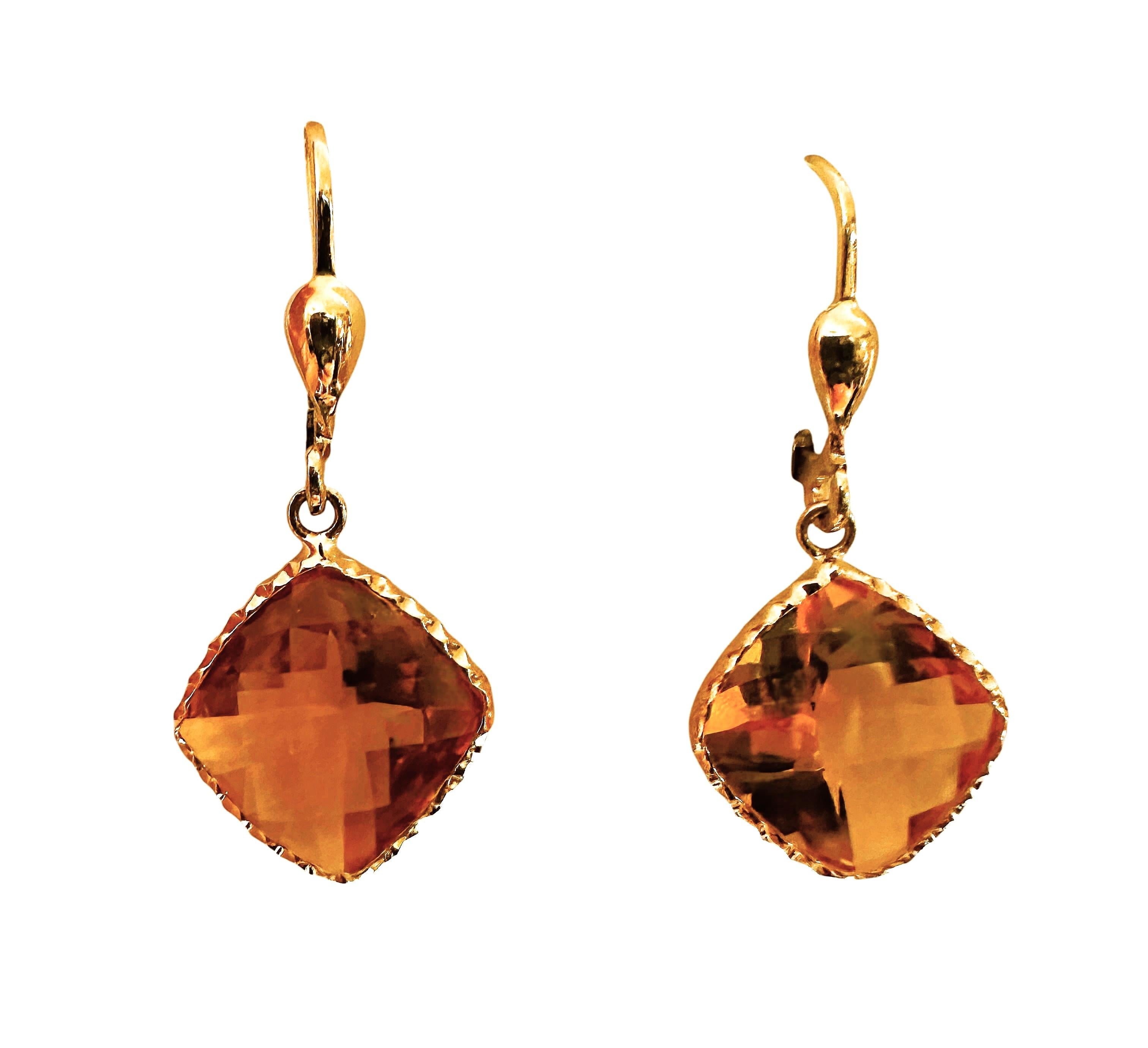 Cushion Cut 14k Y Gold 10.5 Carat CheckerBoard Citrine Dangle Diamond Cut Border Earrings