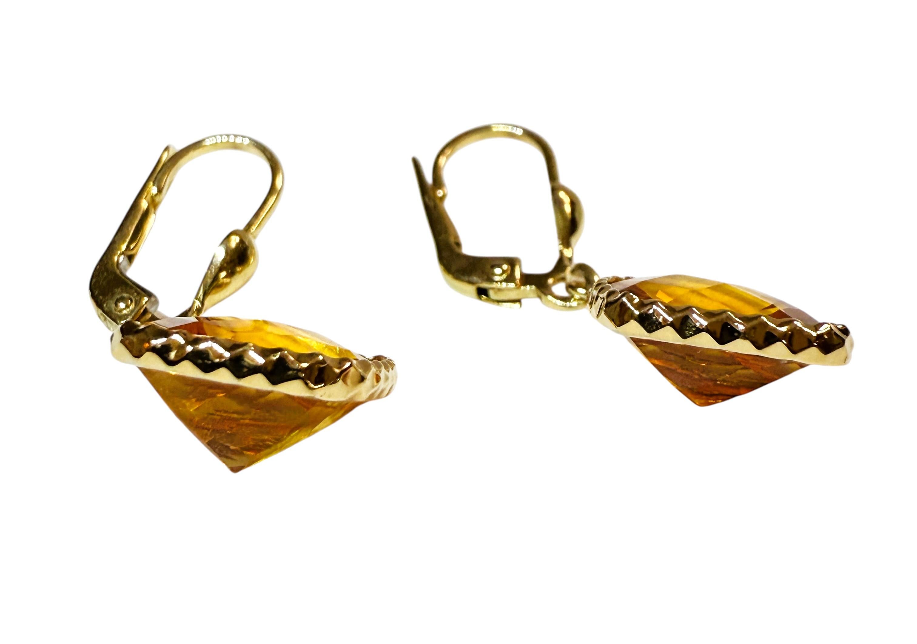 Women's 14k Y Gold 10.5 Carat CheckerBoard Citrine Dangle Diamond Cut Border Earrings