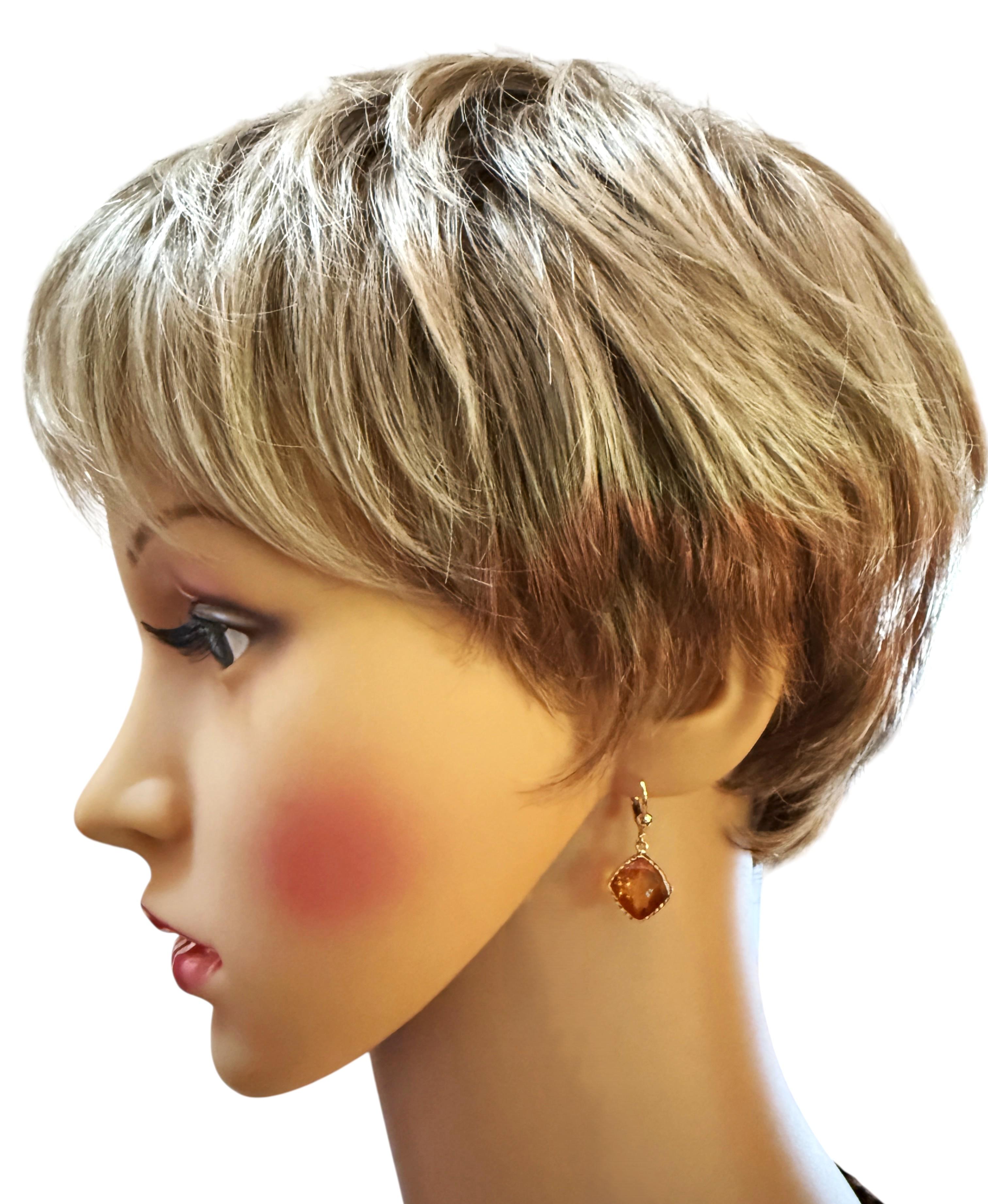 14k Y Gold 10.5 Carat CheckerBoard Citrine Dangle Diamond Cut Border Earrings 1