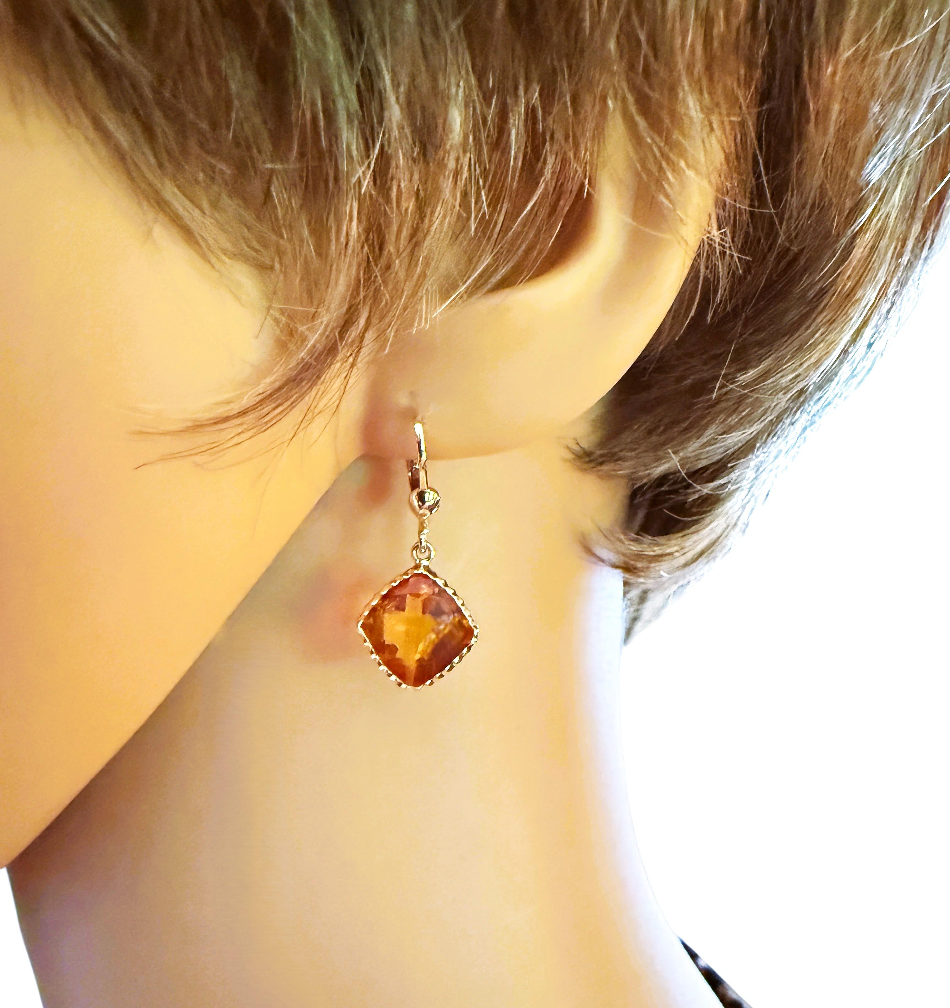 14k Y Gold 10.5 Carat CheckerBoard Citrine Dangle Diamond Cut Border Earrings 2