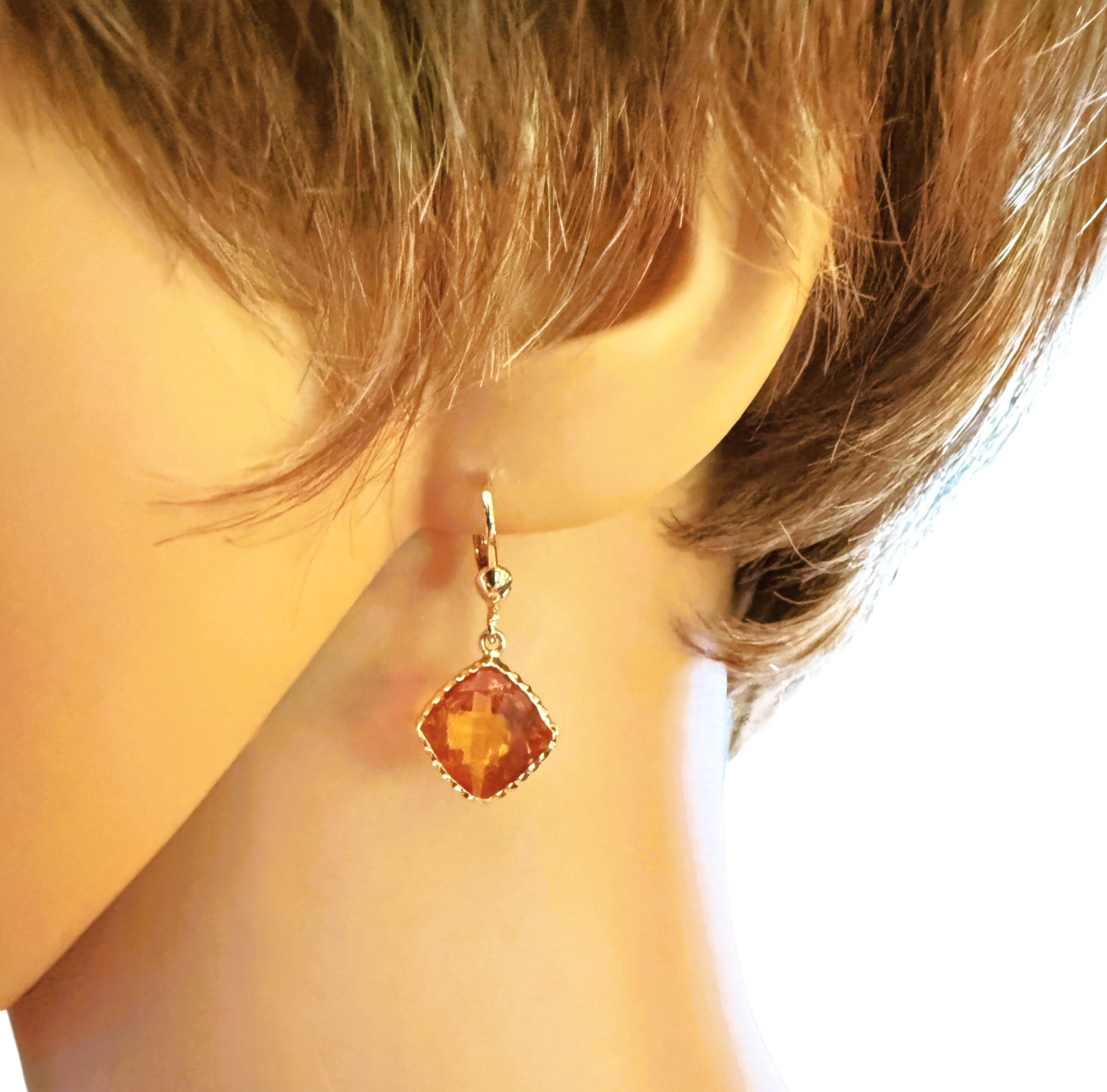 14k Y Gold 10.5 Carat CheckerBoard Citrine Dangle Diamond Cut Border Earrings 3