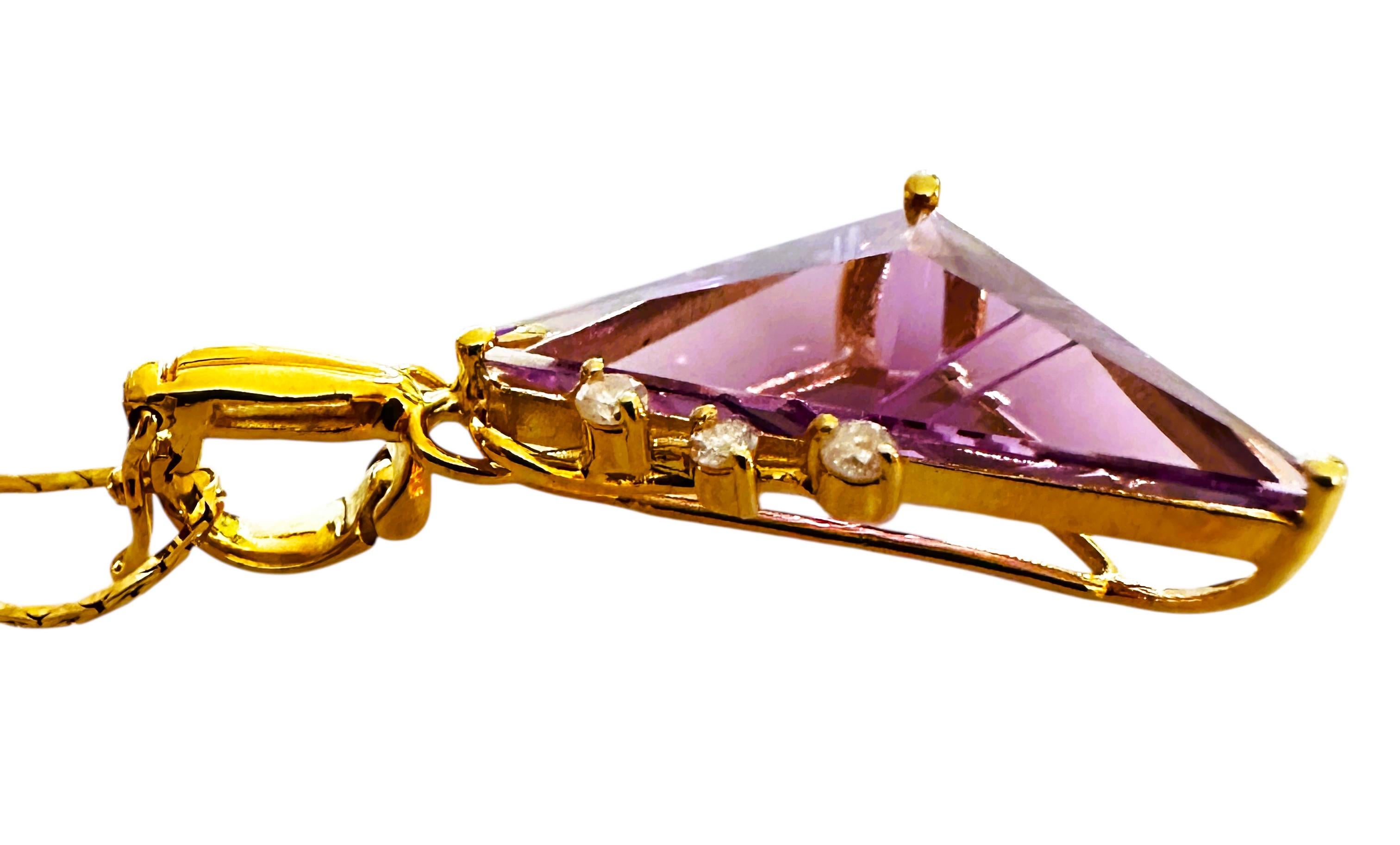 14k Y Gold 15 Carat Fantasy Cut Amethyst & .11 Carat Diamond Handmade Pendant For Sale 4