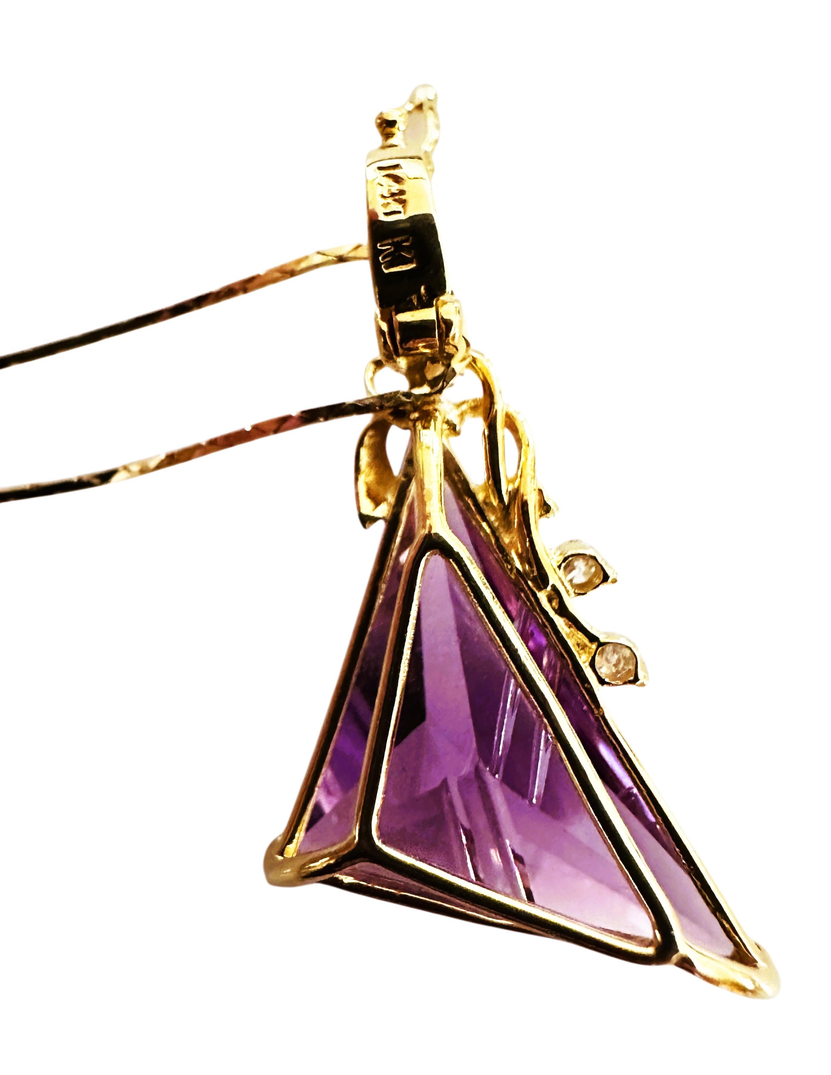 14k Y Gold 15 Carat Fantasy Cut Amethyst & .11 Carat Diamond Handmade Pendant For Sale 5