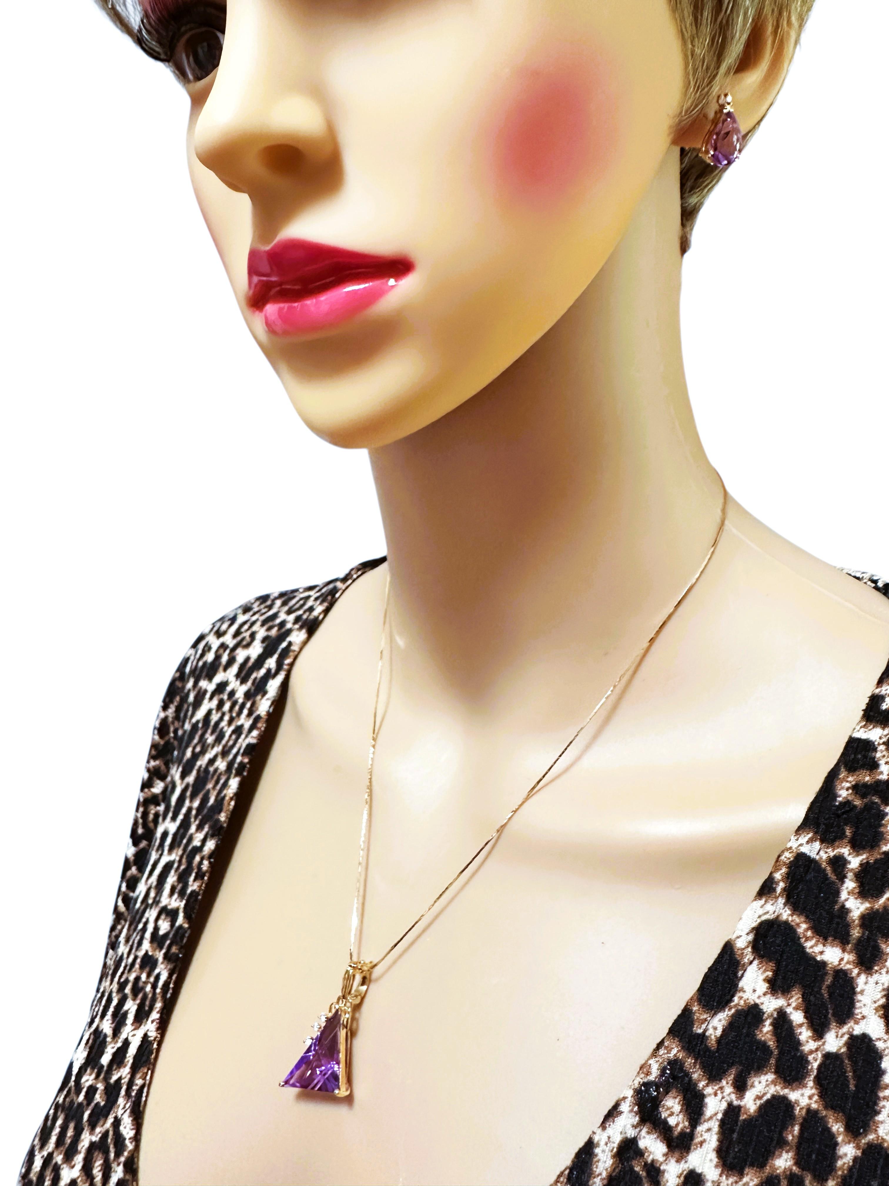 14k Y Gold 15 Carat Fantasy Cut Amethyst & .11 Carat Diamond Handmade Pendant For Sale 9