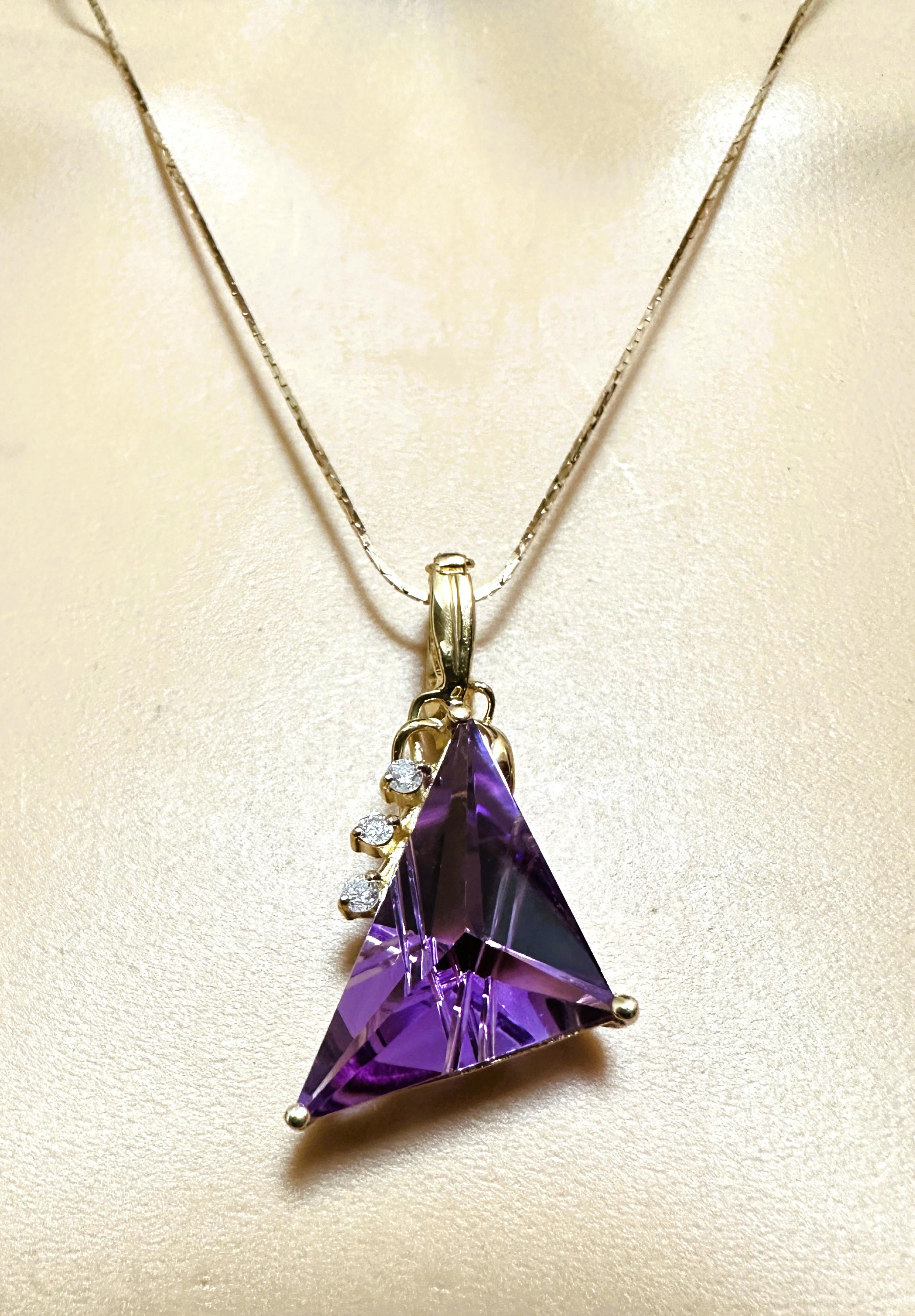 Art Deco 14k Y Gold 15 Carat Fantasy Cut Amethyst & .11 Carat Diamond Handmade Pendant For Sale