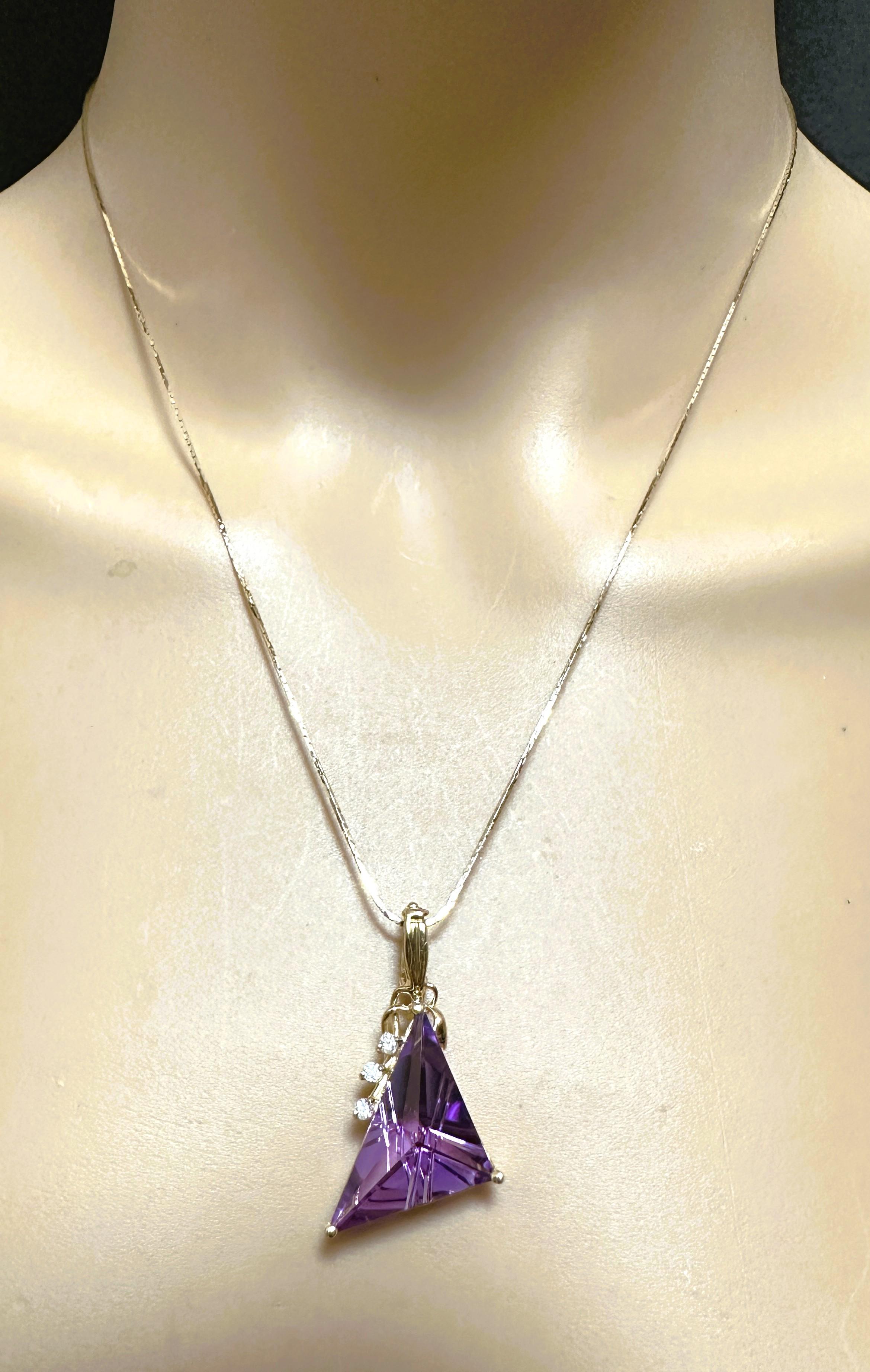 Trillion Cut 14k Y Gold 15 Carat Fantasy Cut Amethyst & .11 Carat Diamond Handmade Pendant For Sale
