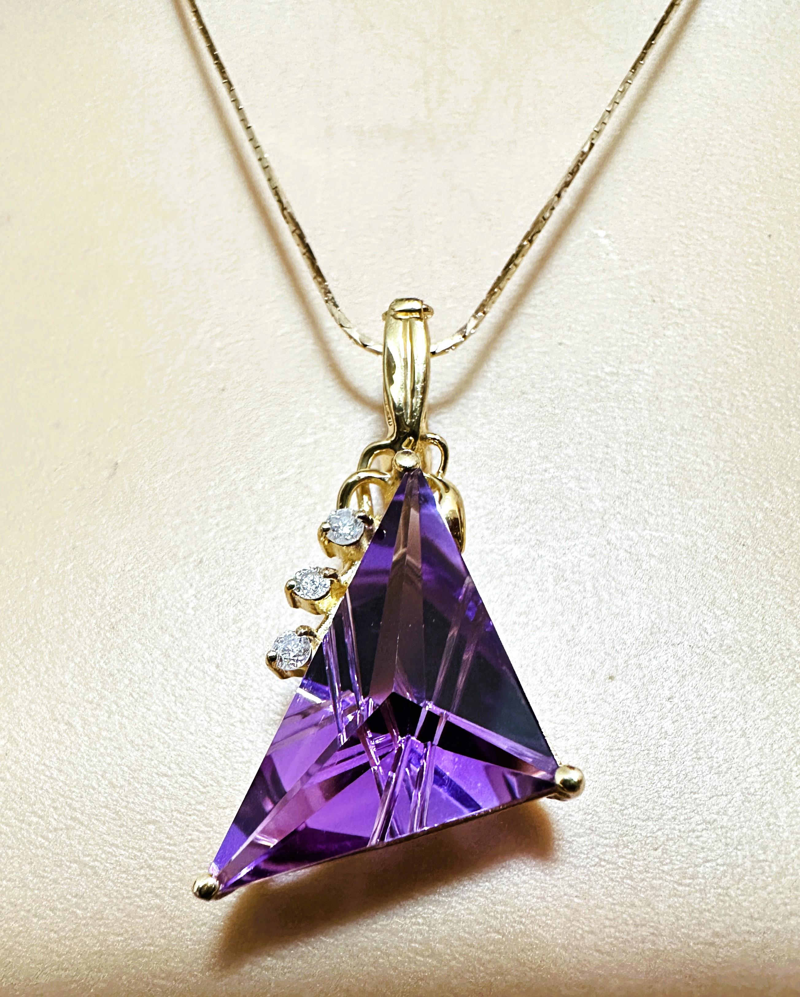 Women's 14k Y Gold 15 Carat Fantasy Cut Amethyst & .11 Carat Diamond Handmade Pendant For Sale