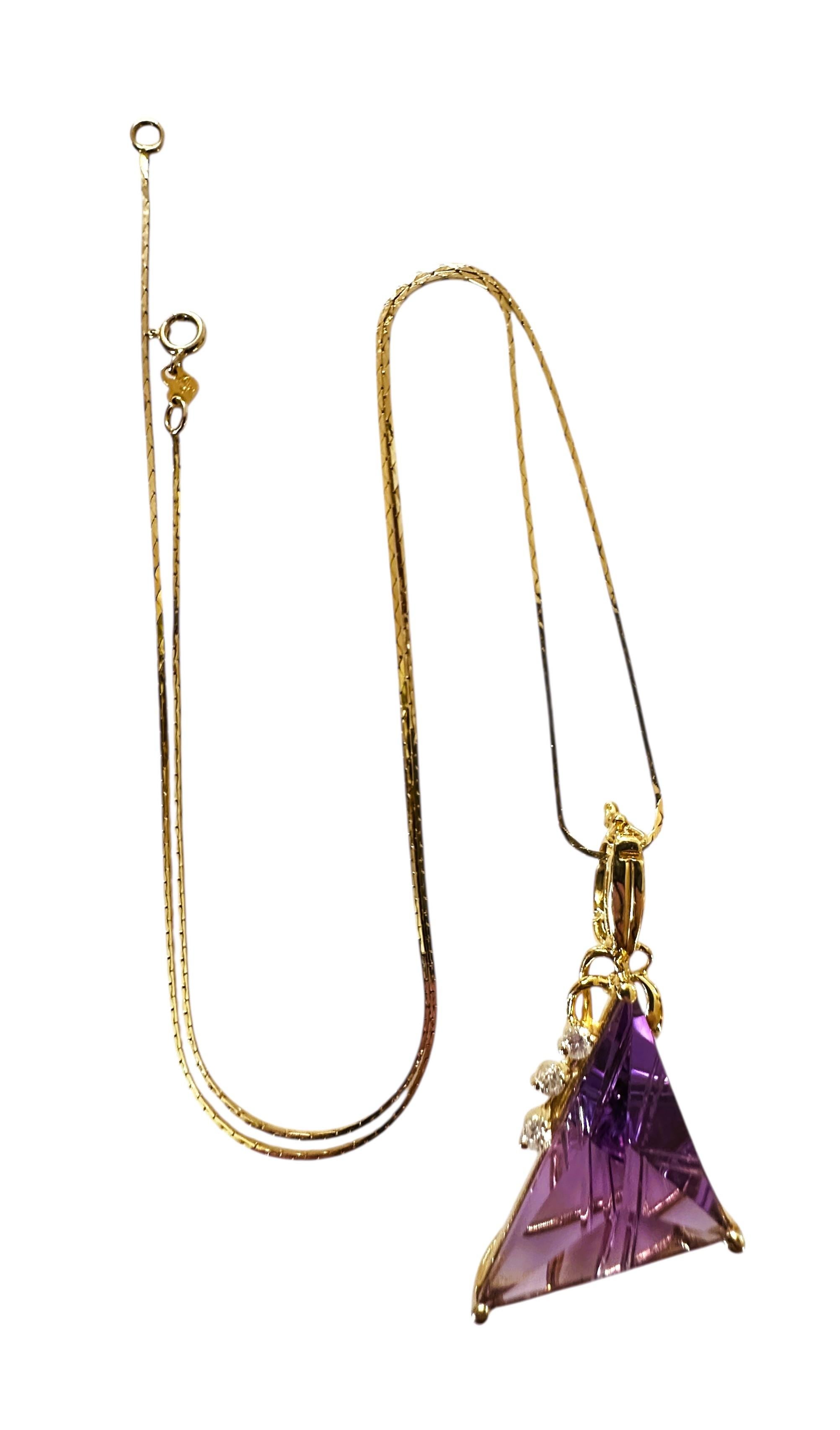 14k Y Gold 15 Carat Fantasy Cut Amethyst & .11 Carat Diamond Handmade Pendant For Sale 1