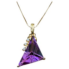 14k Y Gold 15 Carat Fantasy Cut Amethyst & .11 Carat Diamond Handmade Pendant