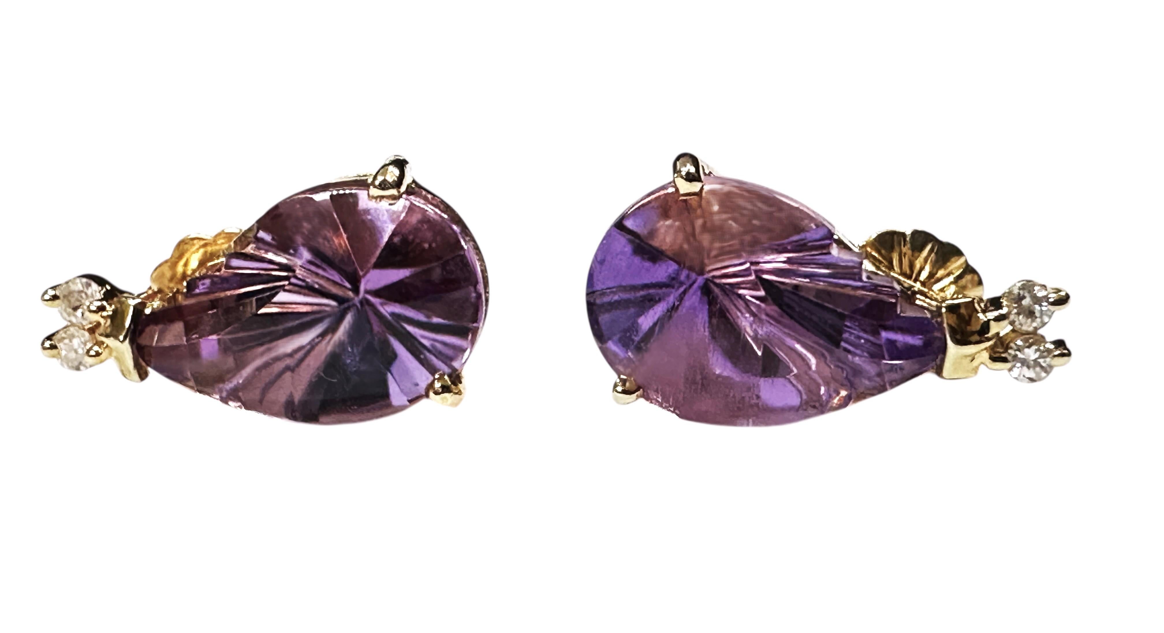 14k Y Gold 6 Carat Fantasy Cut Amethyst & .06 Carat Diamond Handmade Earrings For Sale 4