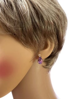 14k Y Gold 6 Carat Fantasy Cut Amethyst & .06 Carat Diamond Handmade Earrings