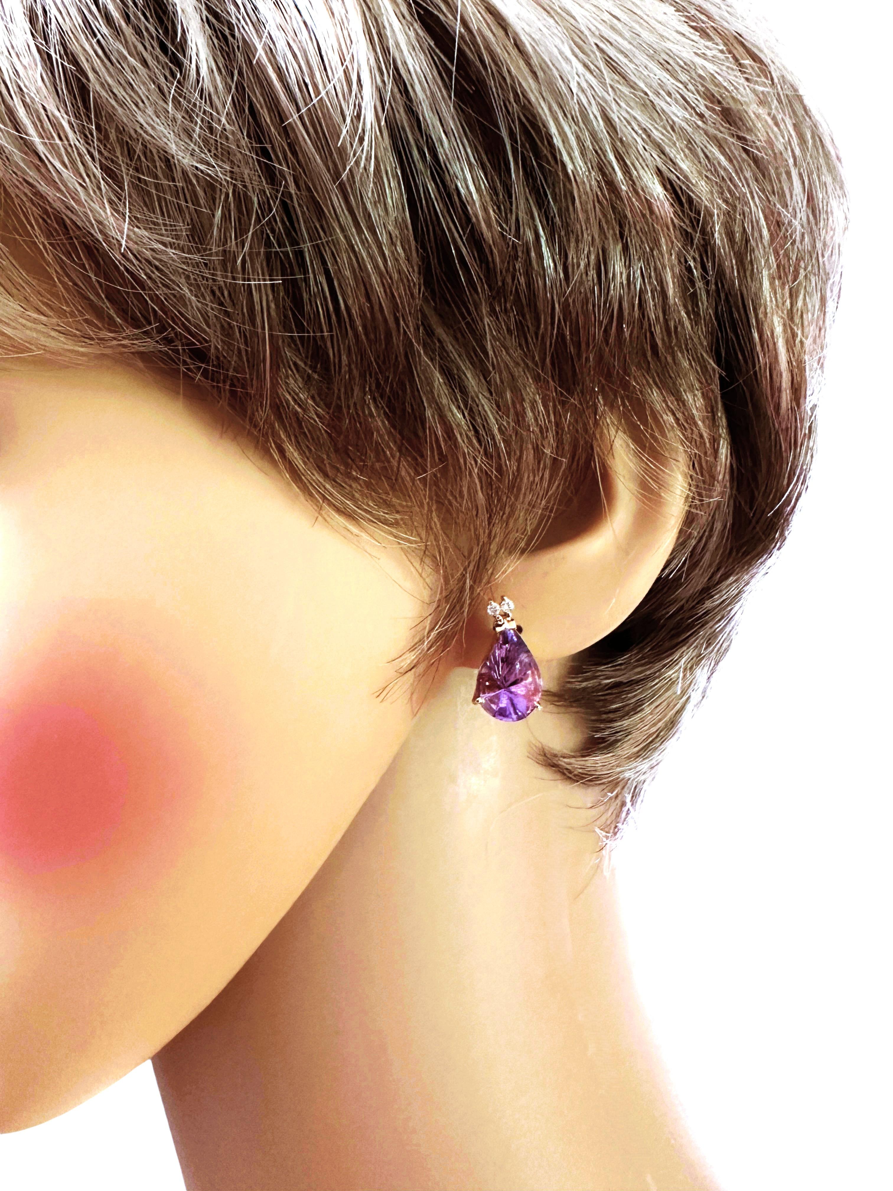 Pear Cut 14k Y Gold 6 Carat Fantasy Cut Amethyst & .06 Carat Diamond Handmade Earrings For Sale