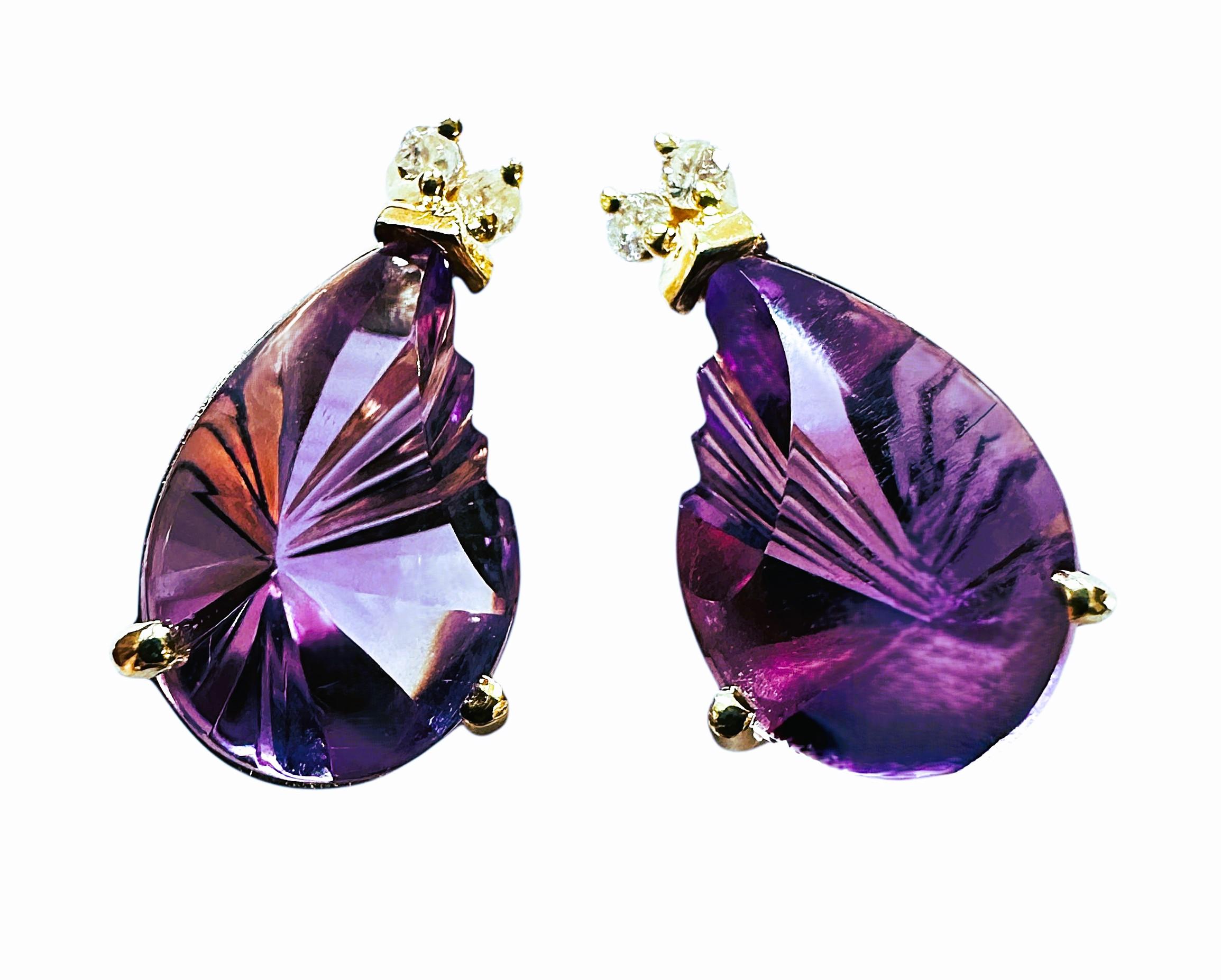 14k Y Gold 6 Carat Fantasy Cut Amethyst & .06 Carat Diamond Handmade Earrings In Excellent Condition For Sale In Eagan, MN
