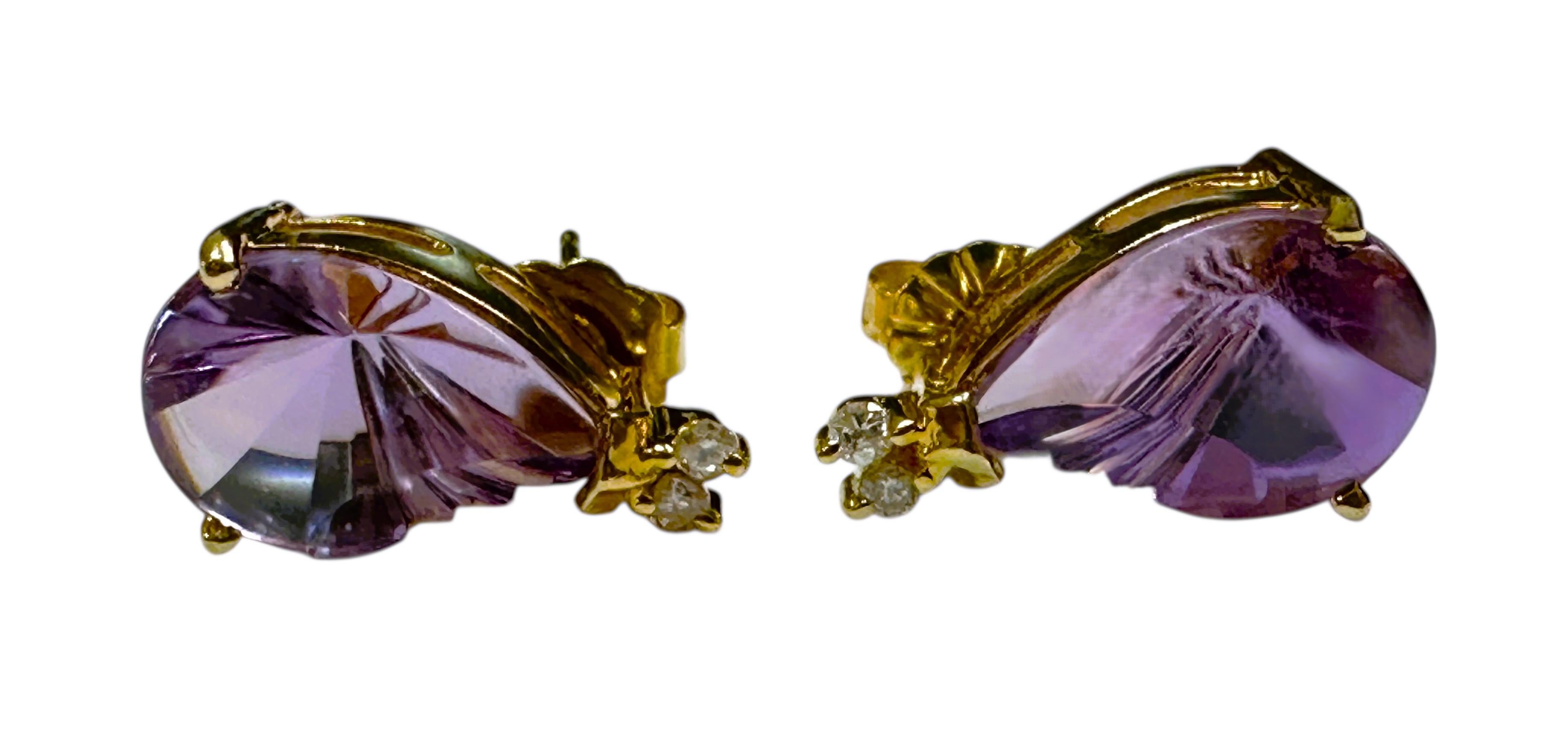 14k Y Gold 6 Carat Fantasy Cut Amethyst & .06 Carat Diamond Handmade Earrings For Sale 2