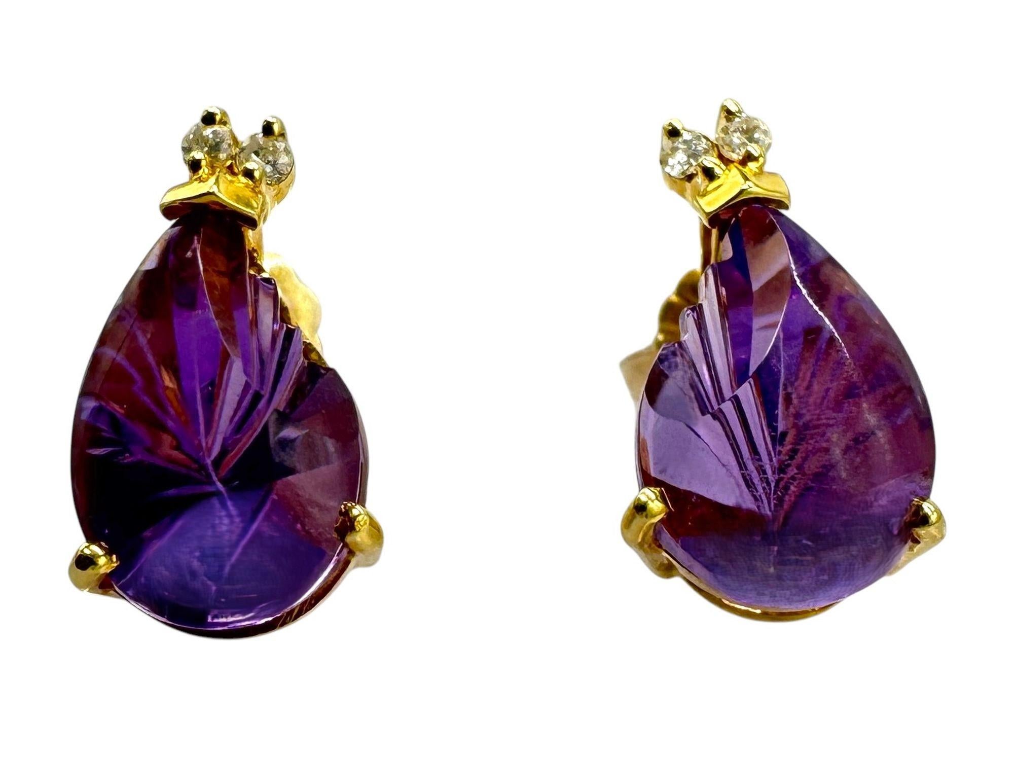 14k Y Gold 6 Carat Fantasy Cut Amethyst & .06 Carat Diamond Handmade Earrings For Sale 3