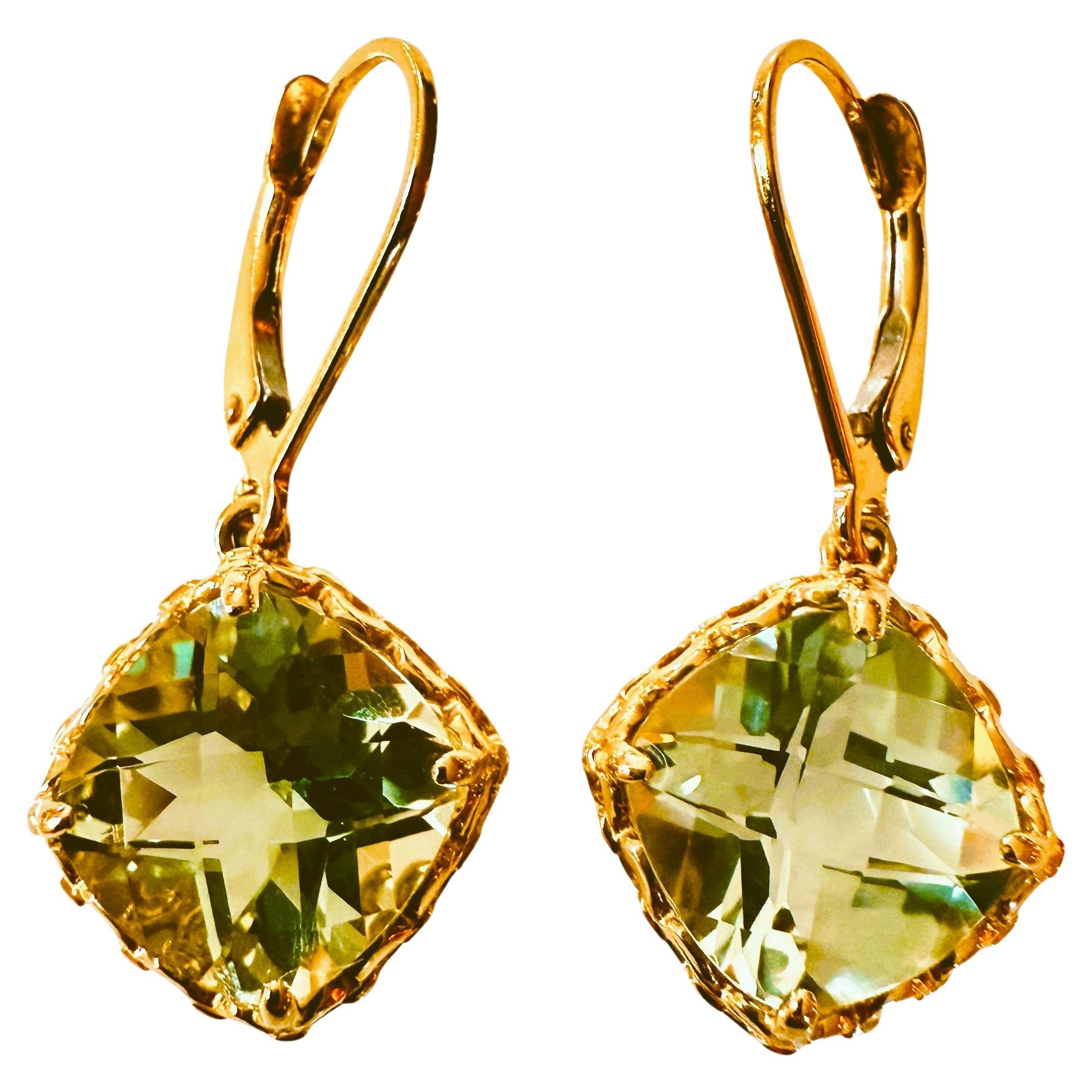 Orecchini in oro giallo 14k a scacchiera con ametista verde da 7,74 carati con taglio a diamante