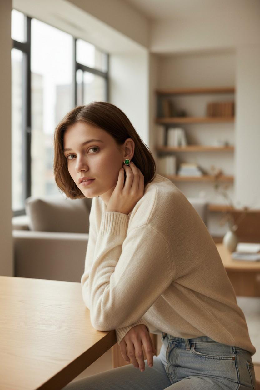 Taille ronde Boucles d'oreilles en or 14K Yelloq avec émeraude cabochon 1.95 carat et chaton de 0.30 pouces en vente