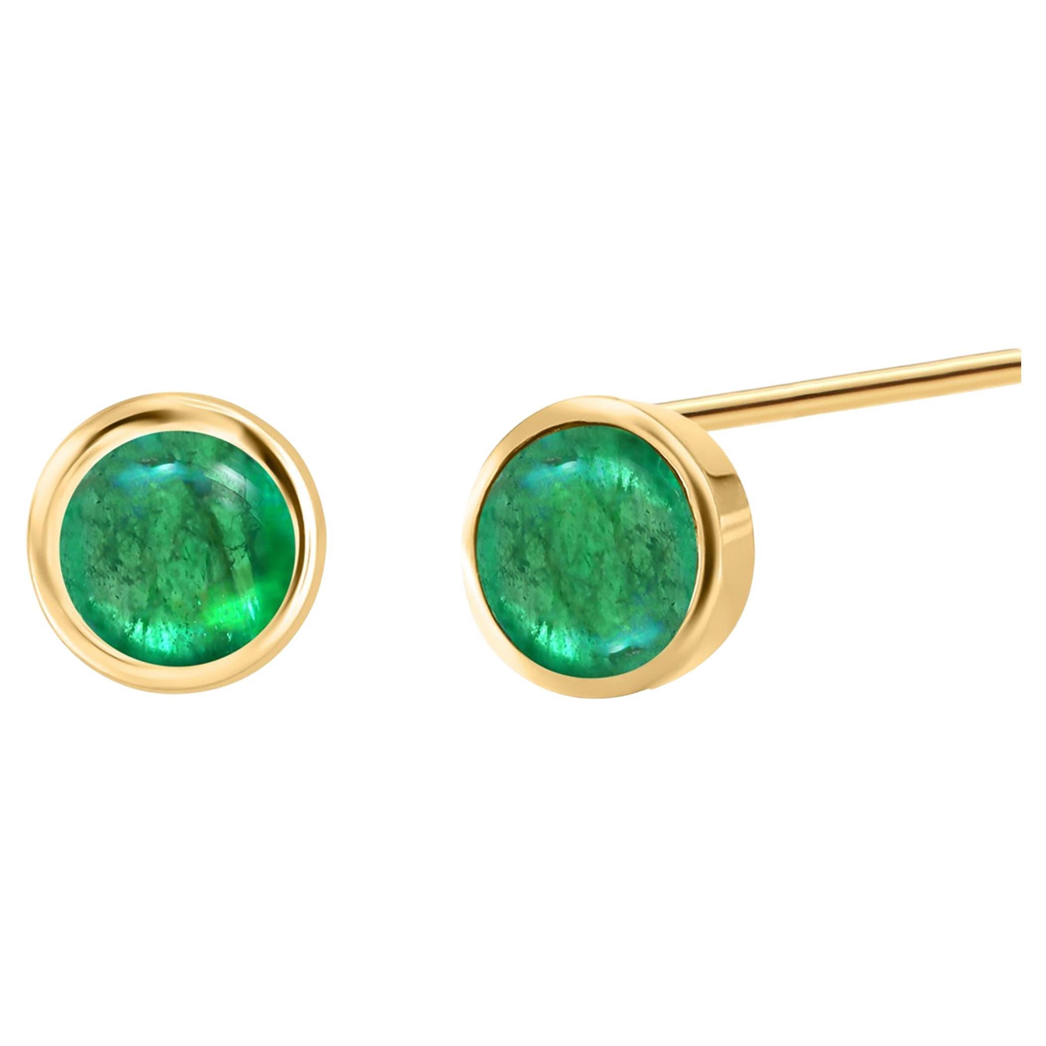 14K Yelloq Gold Matched Cabochon Emerald 1.95 Carat Bezel Set 0.30 Inch Earrings