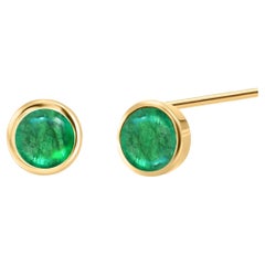 14K Yelloq Gold Matched Cabochon Emerald 1.95 Carat Bezel Set 0.30 Inch Earrings