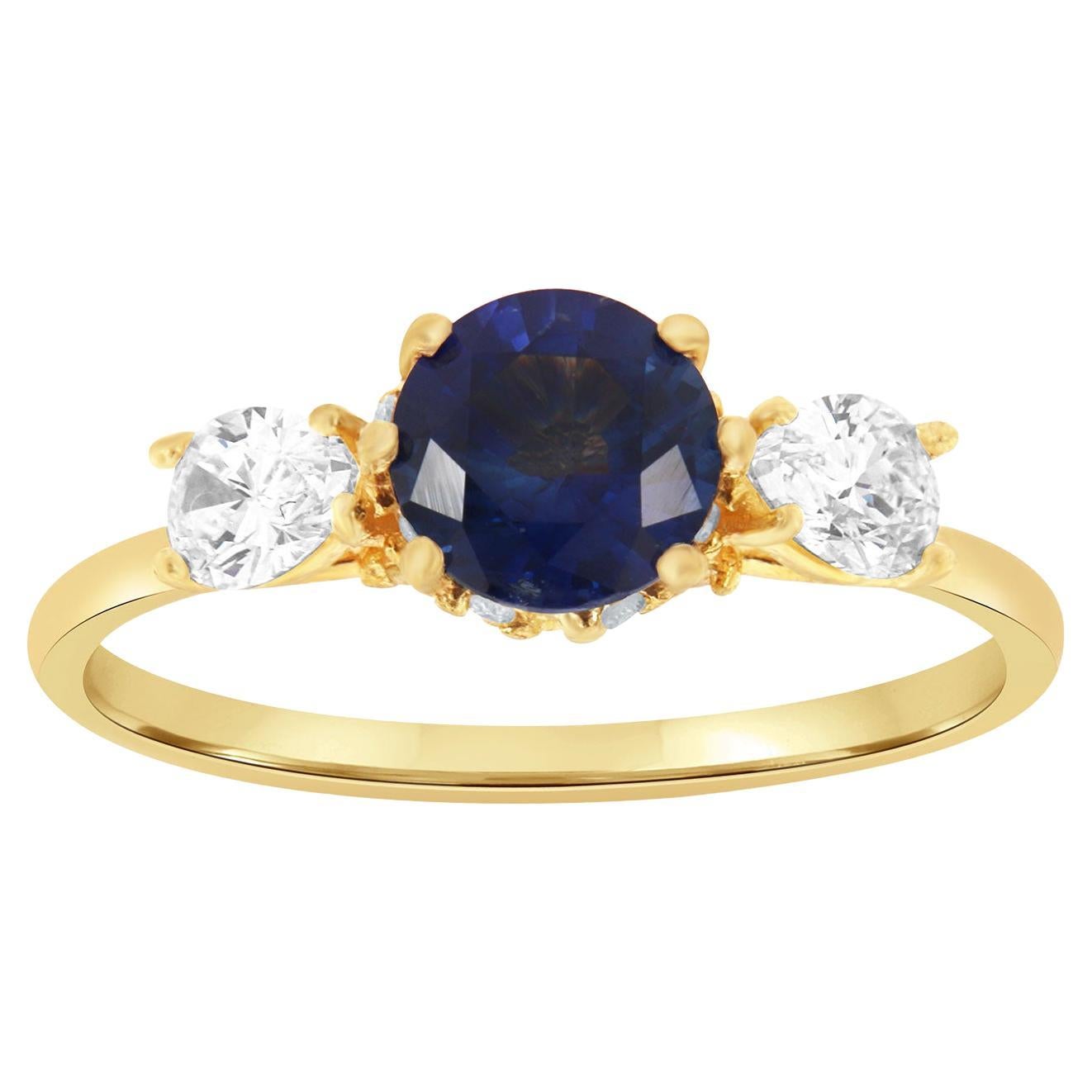 14K Yellow 0.96 Carat Round Sapphire & Diamond Ring For Sale