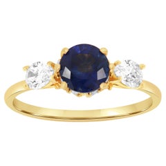 14K Yellow 0.96 Carat Round Sapphire & Diamond Ring